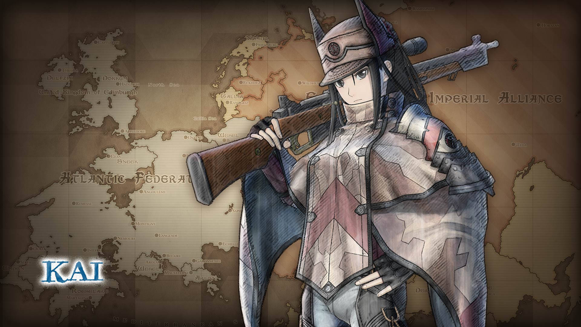 Valkyria Chronicles 桌布 壁紙 — 一個名叫凱的堅定動畫士兵，手持步槍站在一張詳細顯示政治派系的奇幻地圖上。