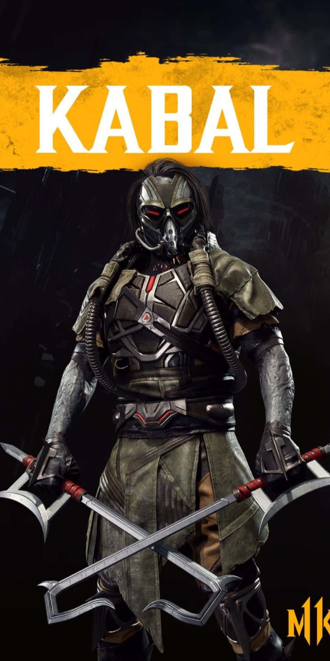 Mortal Kombat Kabal 桌布 壁紙 — 一個名叫卡巴爾的威嚇性裝甲戰士，在黑暗粗糙的背景前交叉著刀刃站立。