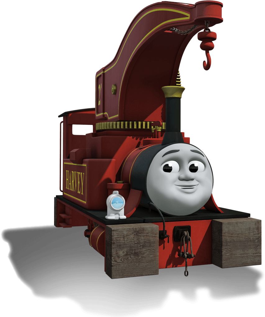 Thomas And Friends 桌布 壁紙 — 一個名叫哈維的紅色動畫起重機引擎，帶著微笑的臉和黃色飾邊，背景為黑色。