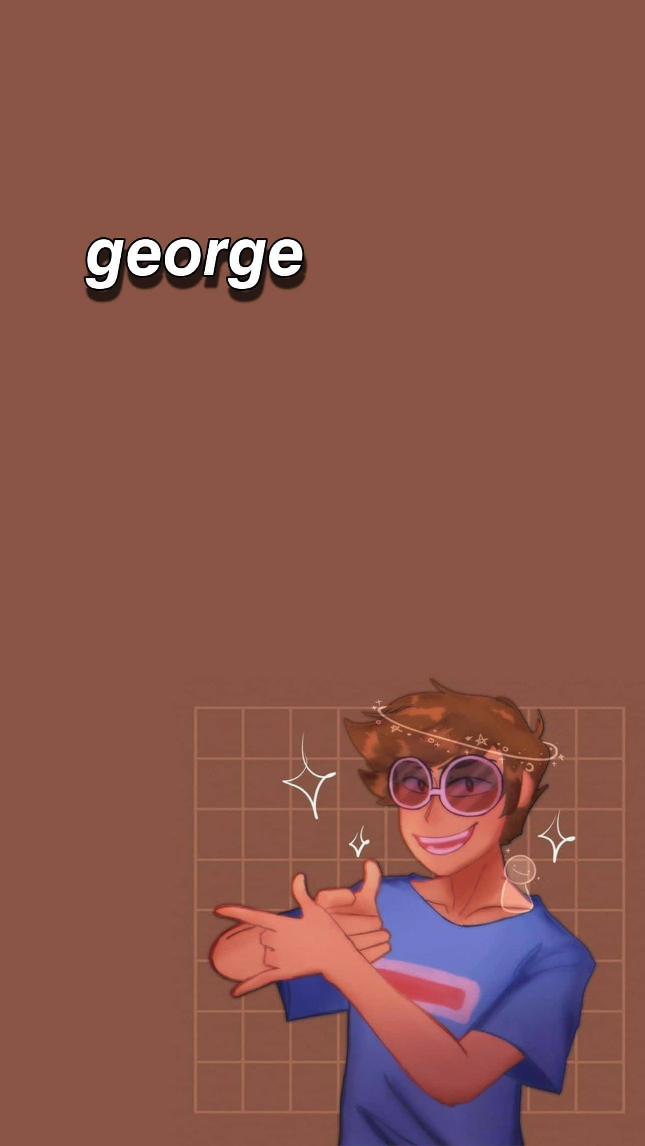 georgenotfound 桌布 壁紙 — 一個名叫喬治的開朗動漫風格角色，戴著粉紅色太陽眼鏡和藍色襯衫，在棕色網格背景前擺出和平手勢。