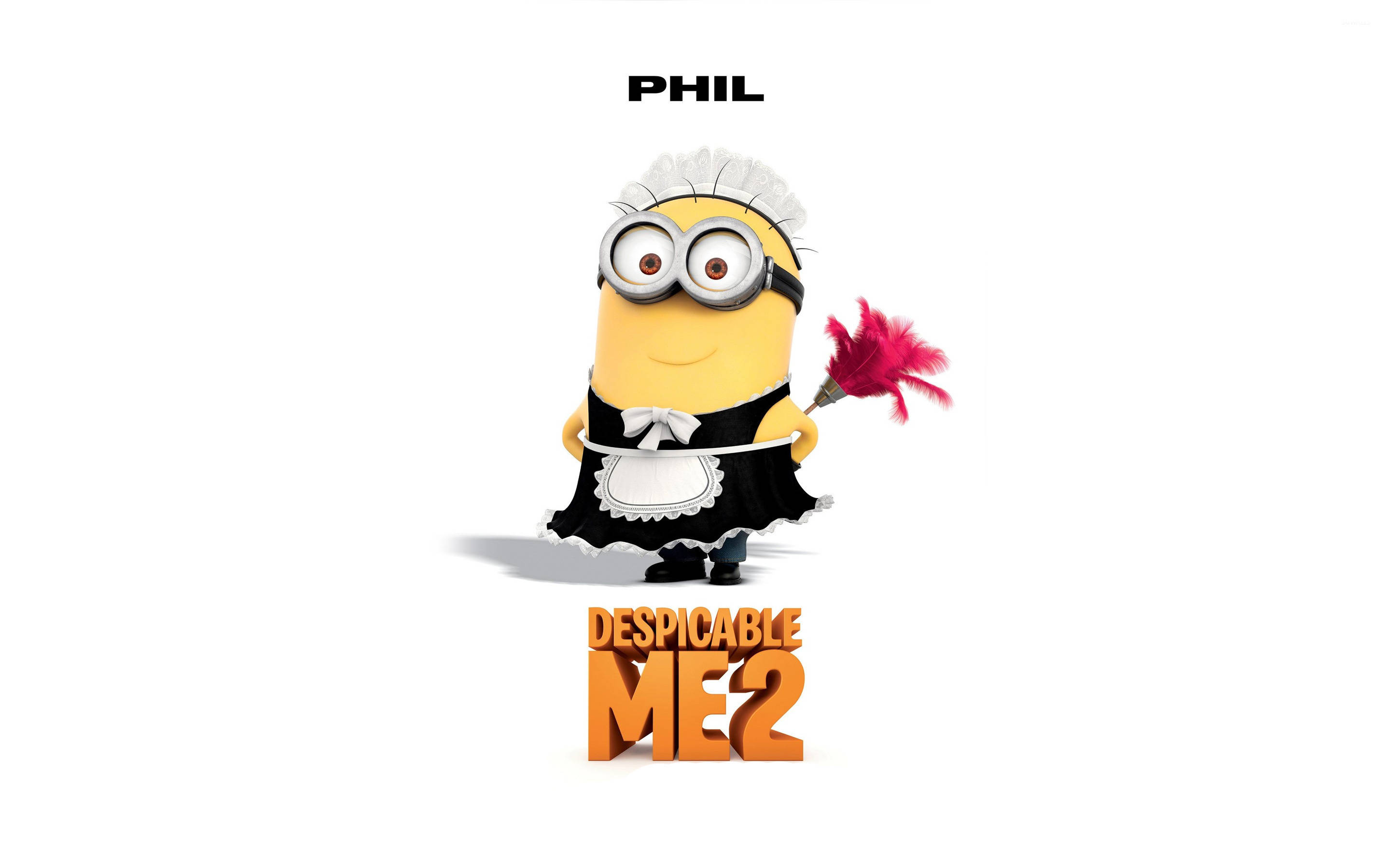 Despicable Me 2 桌布 壁紙 — 一個名叫菲爾的黃色小小兵穿著女傭服裝，手持羽毛撣子，背景為白色。
