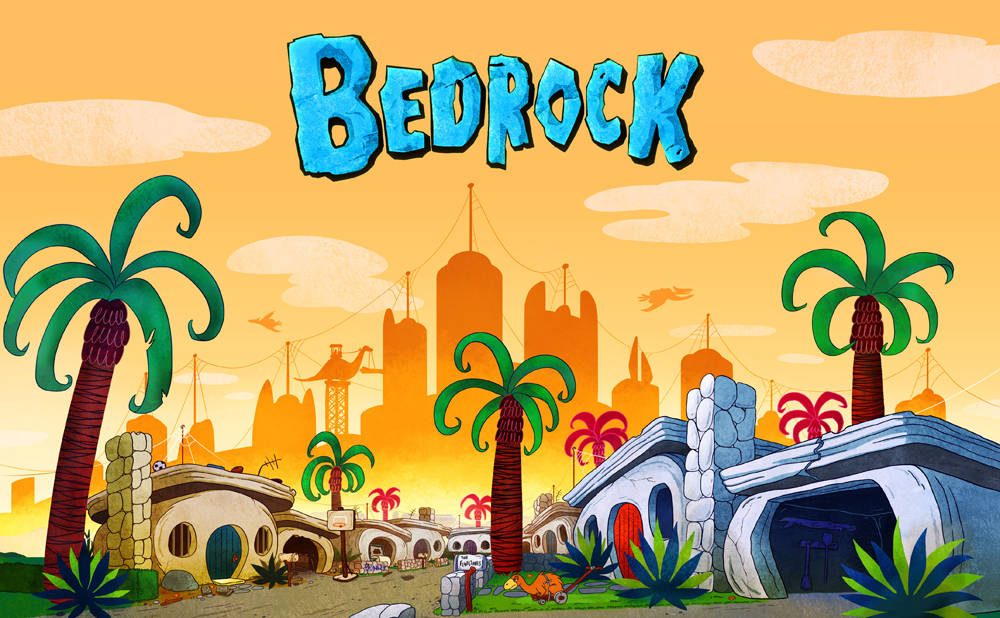 復古 桌布 壁紙 — 一個名為 Bedrock 的卡通小鎮，有石屋、棕櫚樹和溫暖的橙色日落天空。