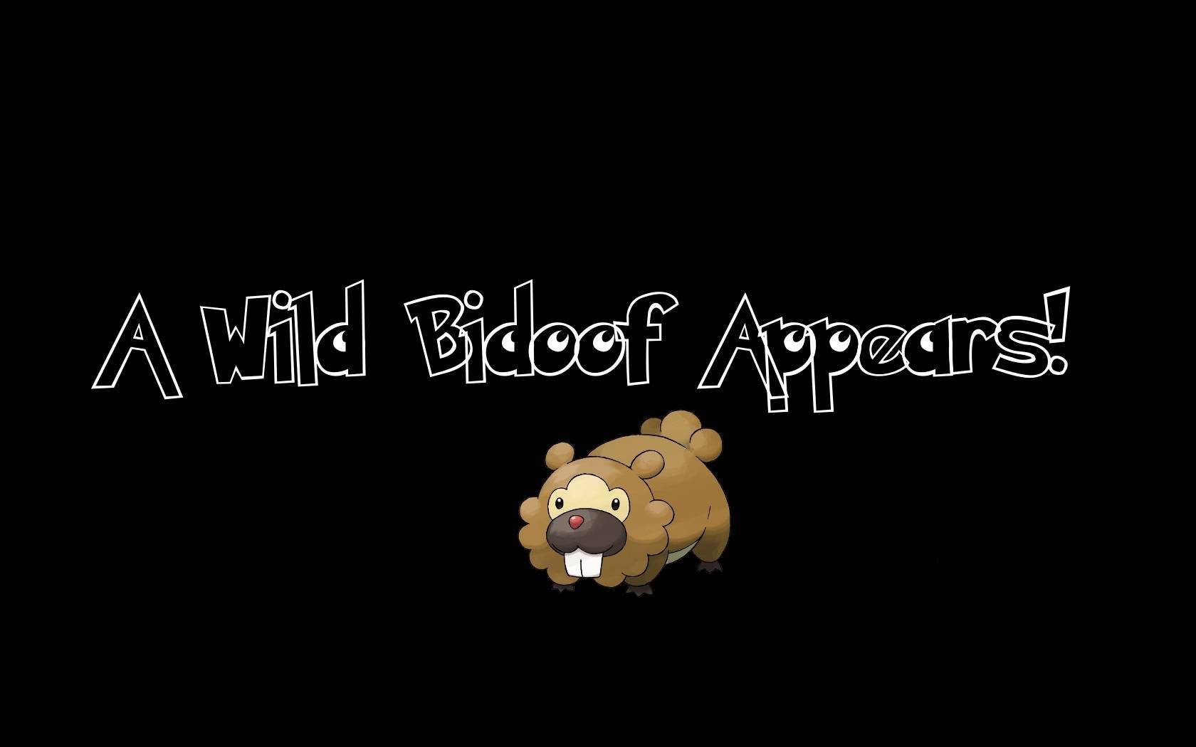 寶可夢 桌布 壁紙 — 一個名為 Bidoof 的卡通海狸角色出現在黑色背景上粗體白色文字的下方。