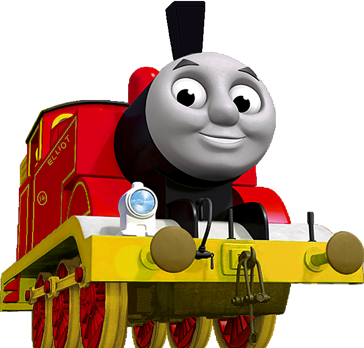 Thomas And Friends 桌布 壁紙 — 一個名為 Elliot 的紅色和黃色卡通火車引擎，帶著微笑的臉和大眼睛。