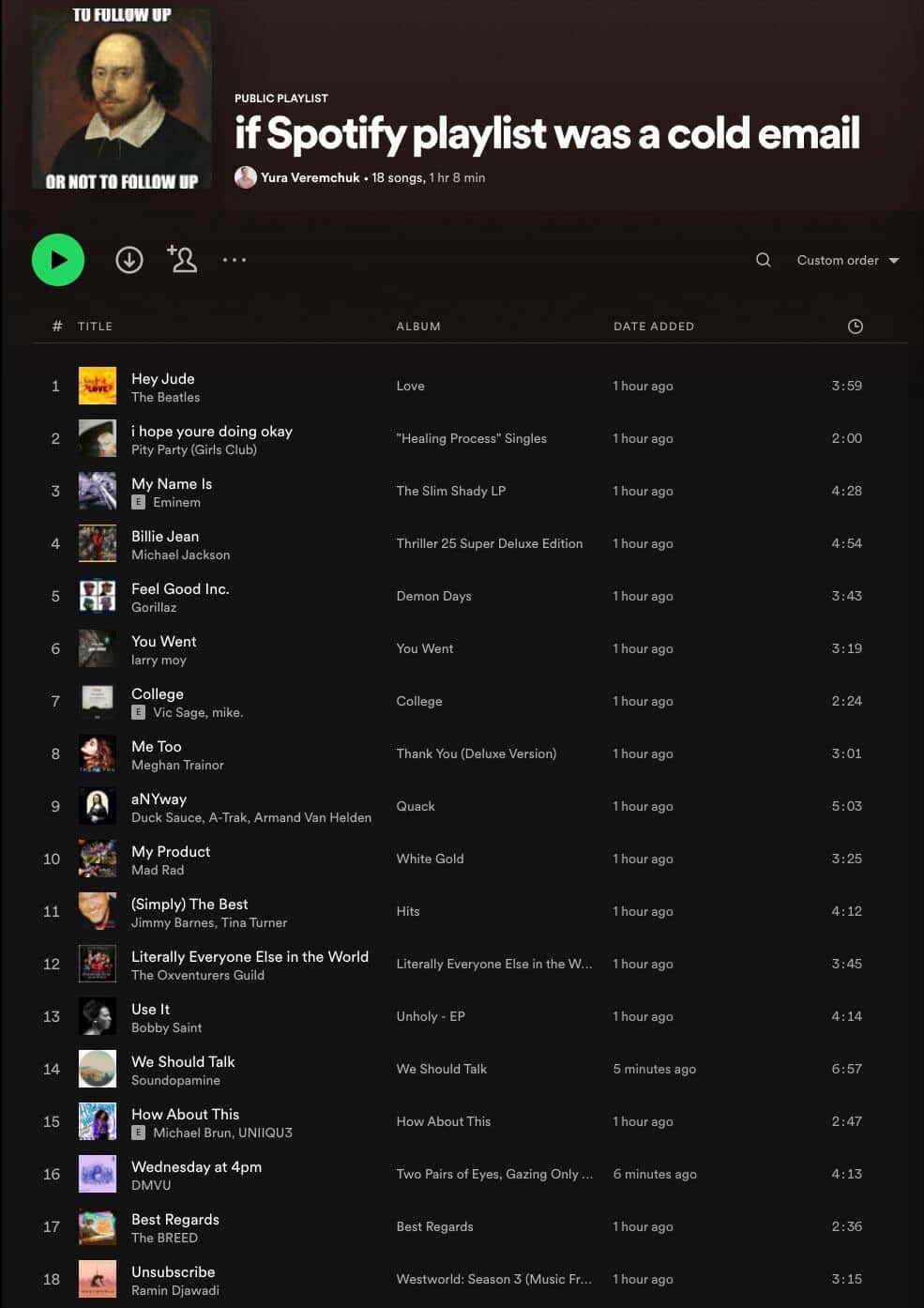 Screenshot 桌布 壁紙 — 一個名為「if Spotify playlist was a cold email」的深色Spotify播放清單畫面，附有莎士比亞肖像和歌曲列表。