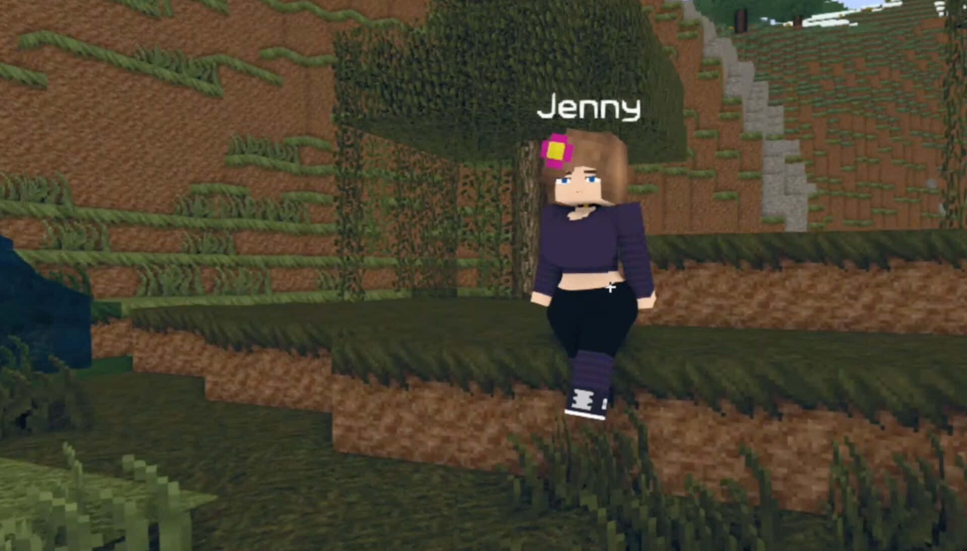 Minecraft Mods 桌布 壁紙 — 一個名為 Jenny 的方塊狀 Minecraft 角色站在一個有泥土丘陵和樹木的像素化草地景觀中。
