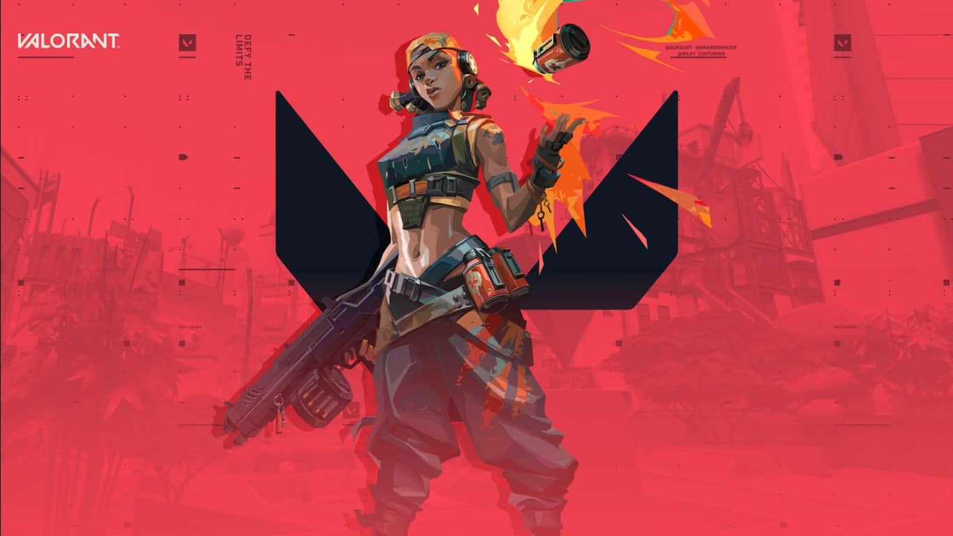 1366x768 Valorant 桌布 壁紙 — 一個名為 Jett 的 Valorant 角色手持燃燒中的手榴彈，以紅色調的城市廢墟為背景，蓄勢待發。