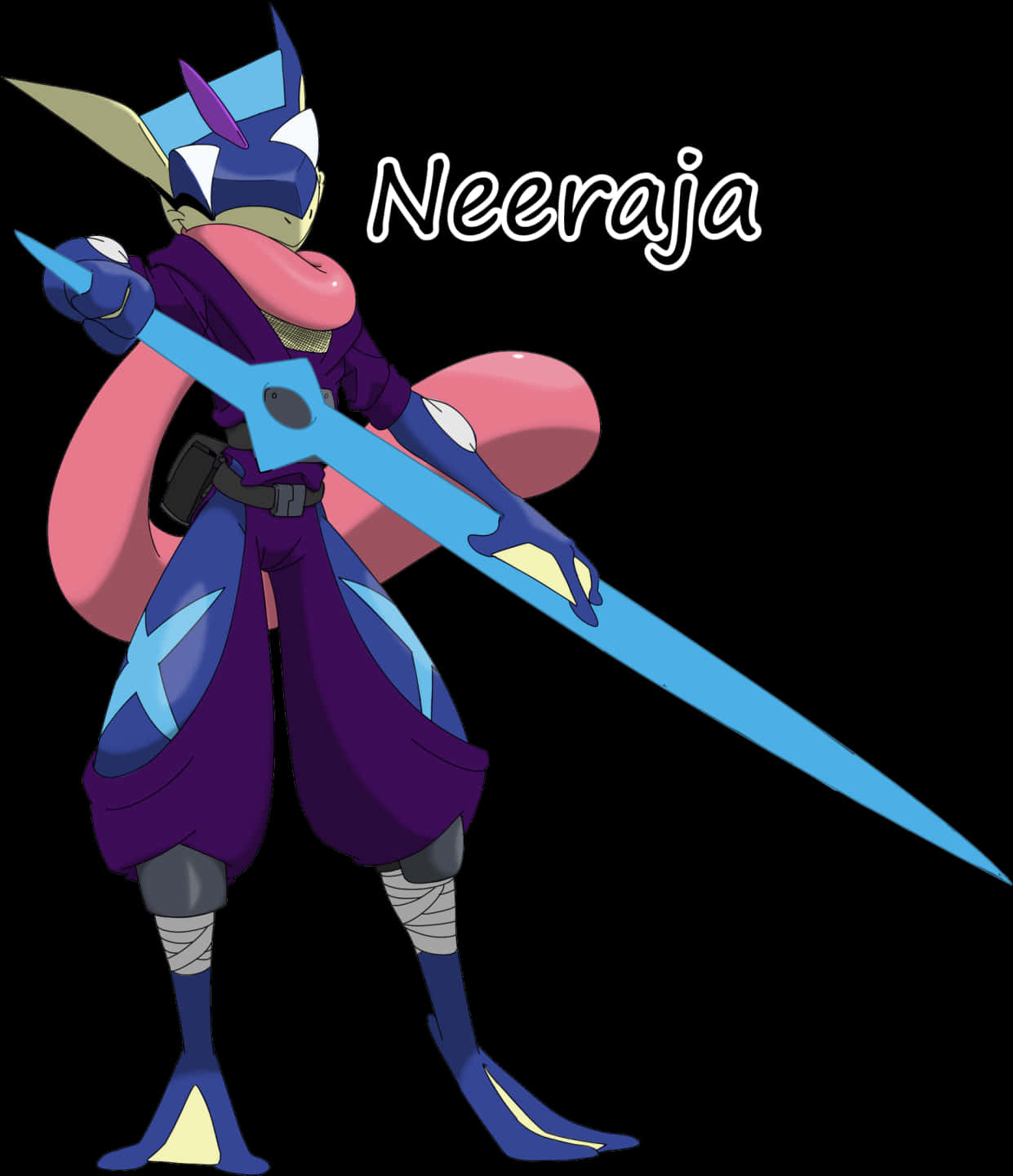 甲賀忍蛙 桌布 壁紙 — 一個名為 Neeraja 的風格化動漫角色在黑色背景上揮舞著發光的藍色劍。