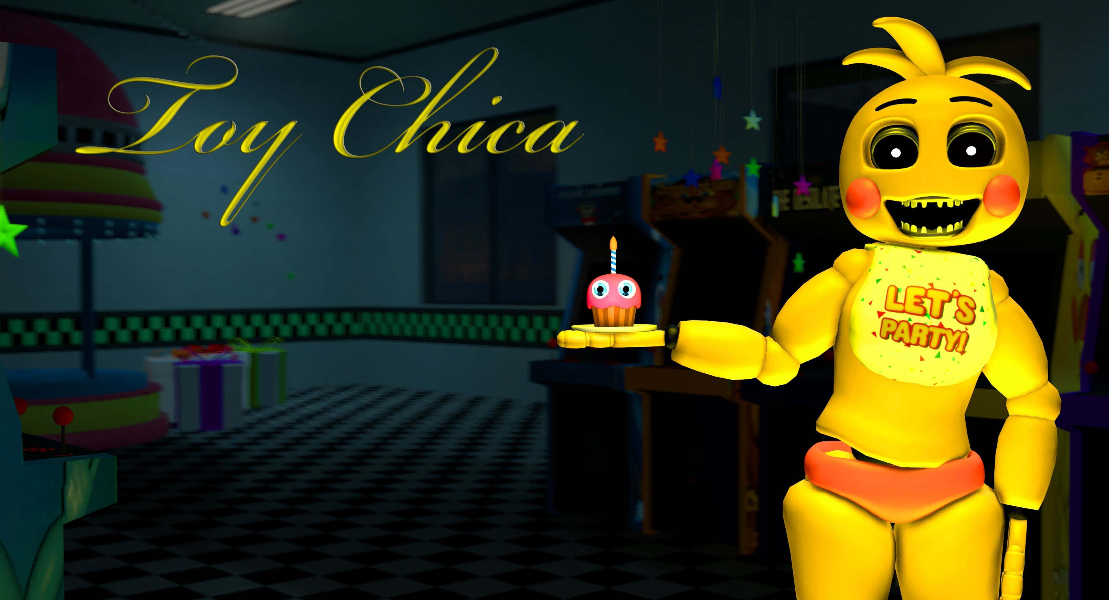 Chica The Chicken 桌布 壁紙 — 一個名為 Toy Chica 的黃色電子動畫角色在燈光昏暗的遊戲機中心內，手持生日杯子蛋糕，地面是棋盤格紋，並有節日裝飾。