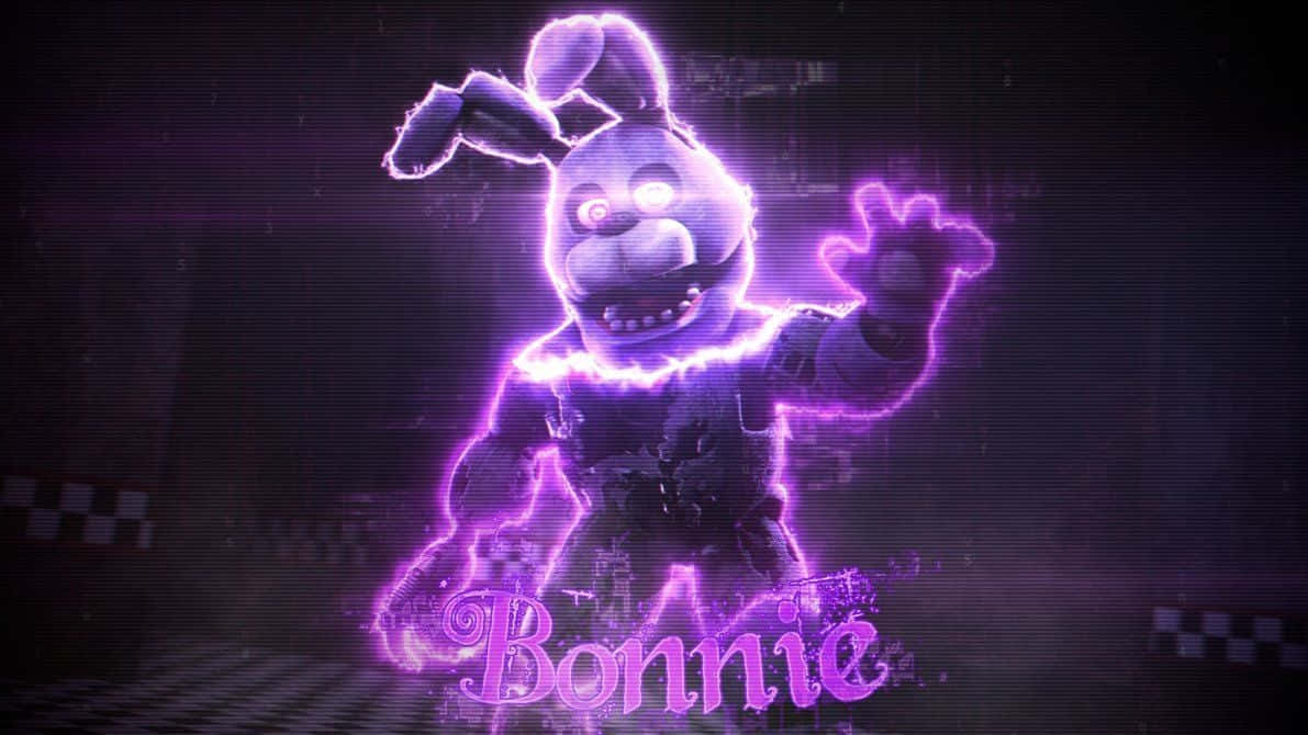 Bonnie The Bunny 桌布 壁紙 — 一個名為Bonnie的威脅性紫色電動兔機械人，在黑暗的棋盤格地板上散發著劈啪作響的能量光芒。