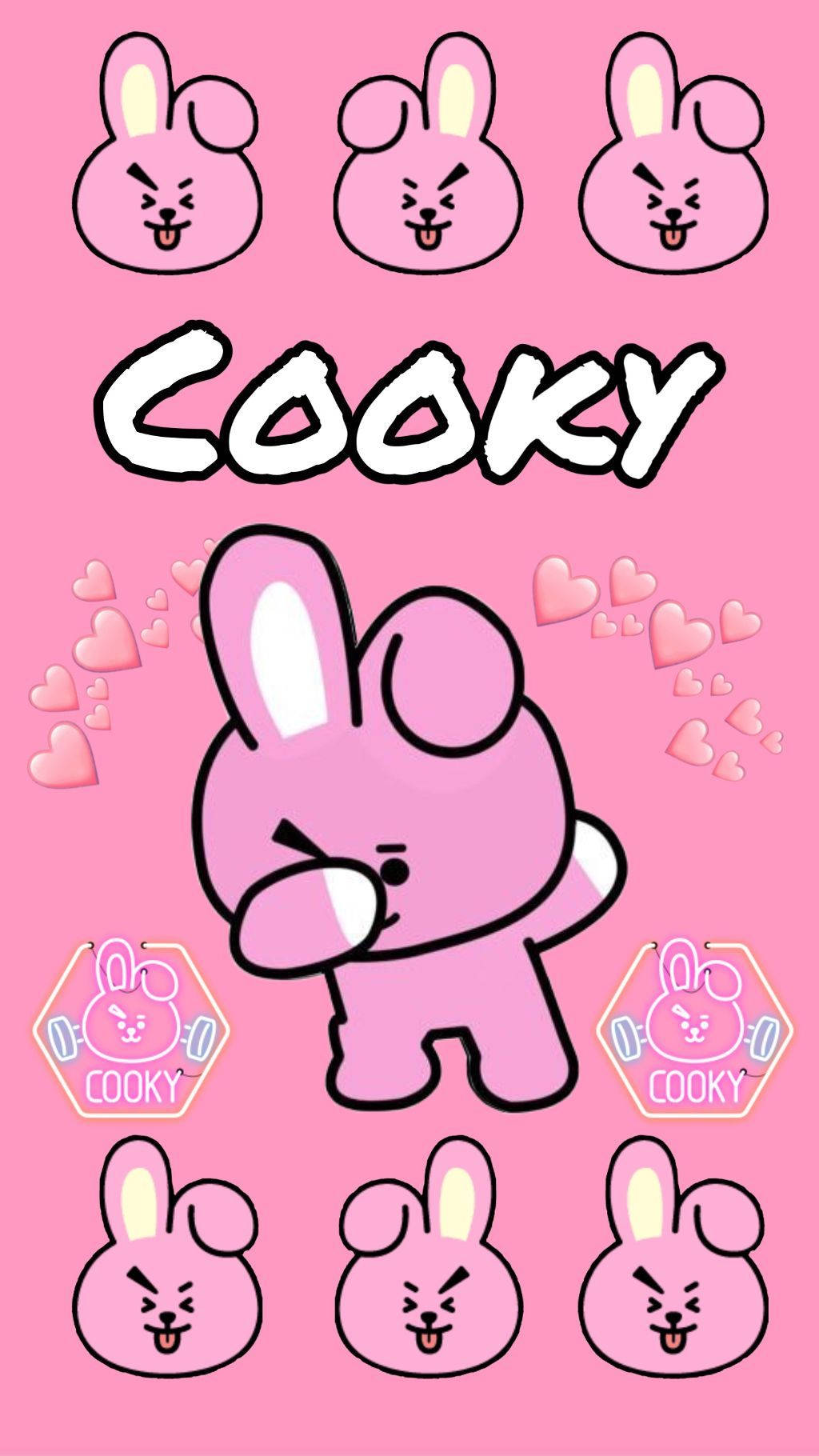 Cooky Bt21 桌布 壁紙 — 一個名為Cooky的粉紅色卡通兔角色在純粉紅色背景上與心形和多個臉部圖示一起擺姿勢。