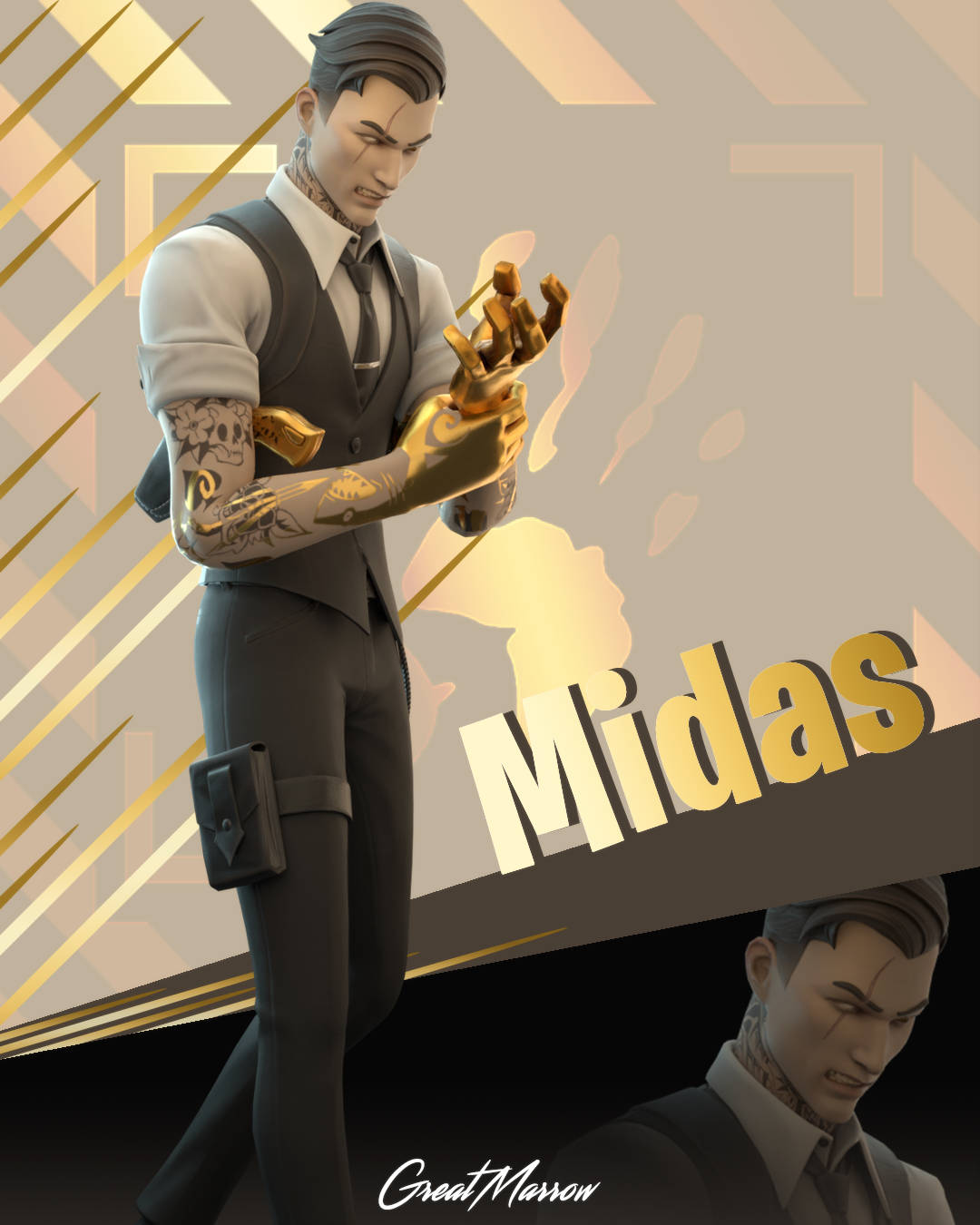 Midas 桌布 壁紙 — 一個名為Midas的風格化數位藝術角色，擁有金色雙手和刺青，站在幾何金色和米色背景前。