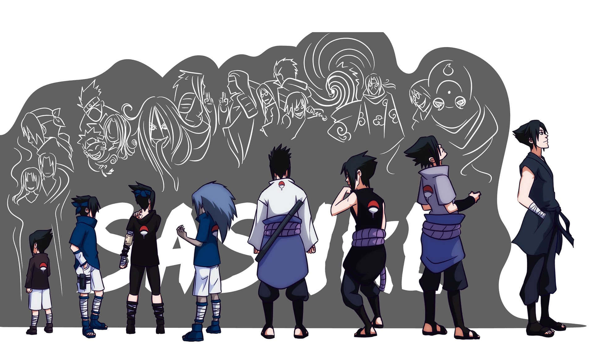 Naruto Anime 桌布 壁紙 — 一個名為佐助的風格化動漫角色以從兒童到成人的多個人生階段呈現，站在灰色背景前，背景中有他過去自我的白色線條草圖。
