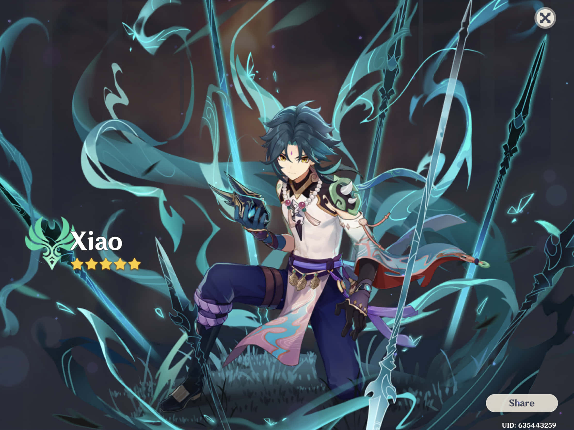 Xiao 桌布 壁紙 — 一個名為小奧的動態動漫戰士，在黑暗神秘的環境中，手持發光的青色刀刃，置身於旋轉的能量之中。