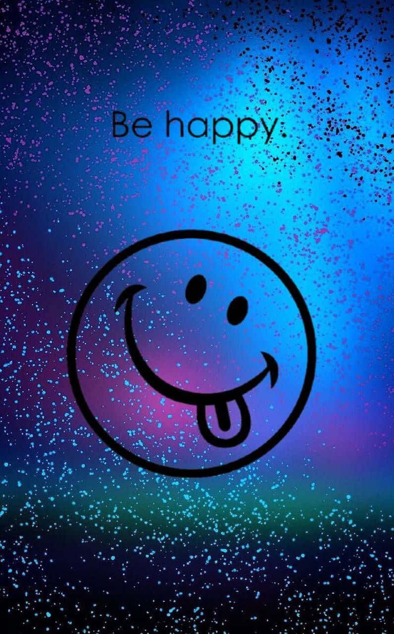 Be Happy 桌布 壁紙 — 一個吐舌笑臉的大膽黑色輪廓漂浮在閃爍的宇宙藍紫漸變背景上，並帶有文字「Be happy」。