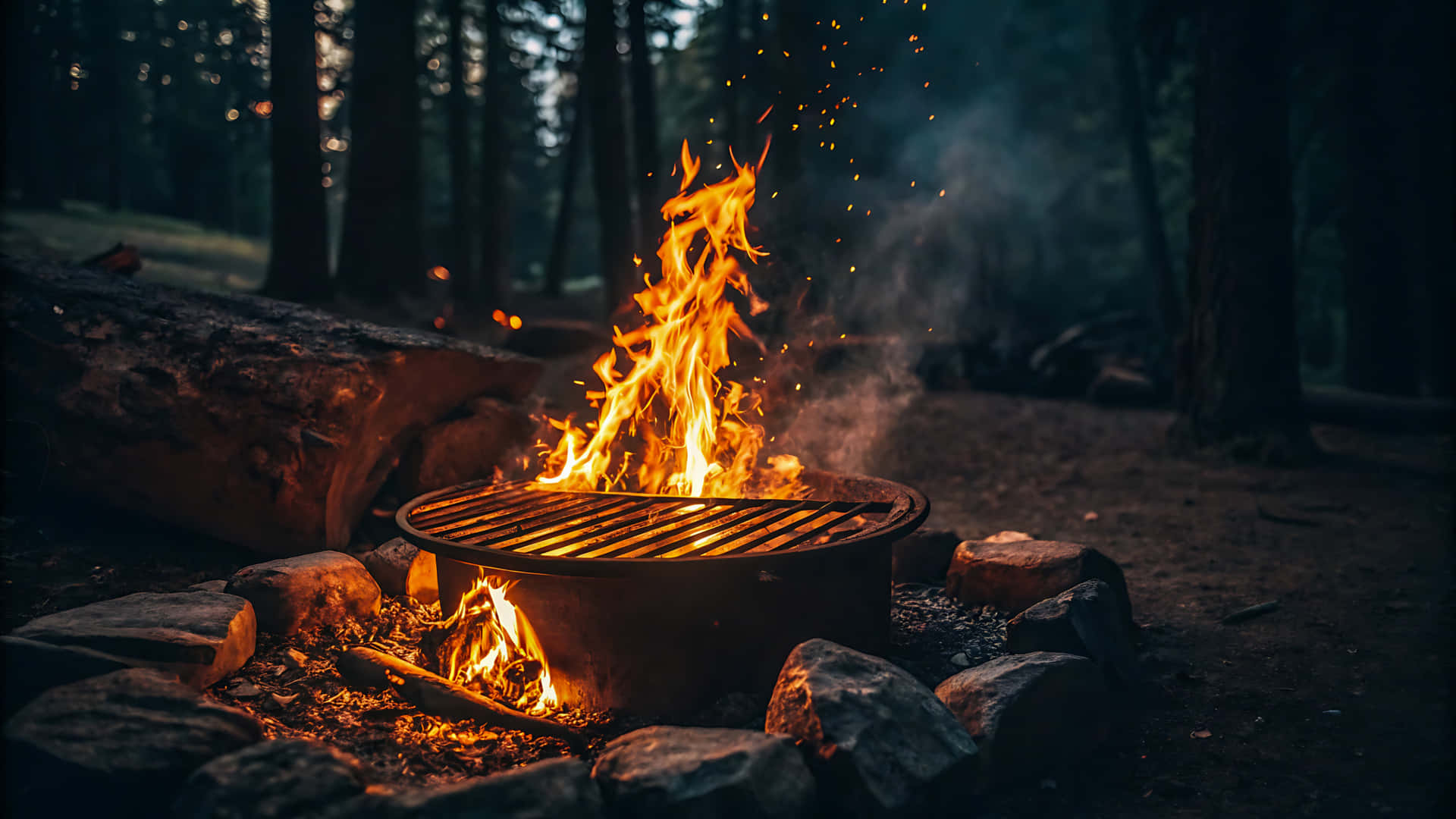 Campfire burning in a fire pit surrounded by rocks in a dark forest 壁紙 — 一個咆哮的營火，帶有明亮的橙色火焰和發光的餘燼，在黃昏時分的黑暗森林中的石環內跳舞。
