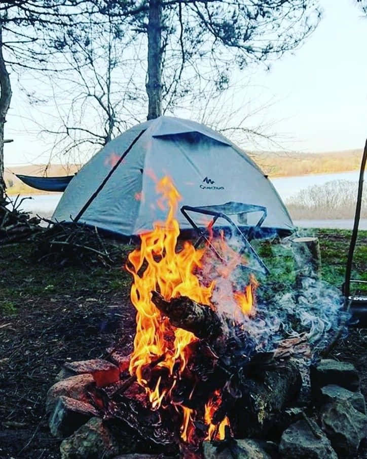 Minimalist Camping 桌布 壁紙 — 一個咆哮的營火在黃昏時分，在光禿禿的樹木下，在湖邊的一個灰色帳篷旁邊劈啪作響。