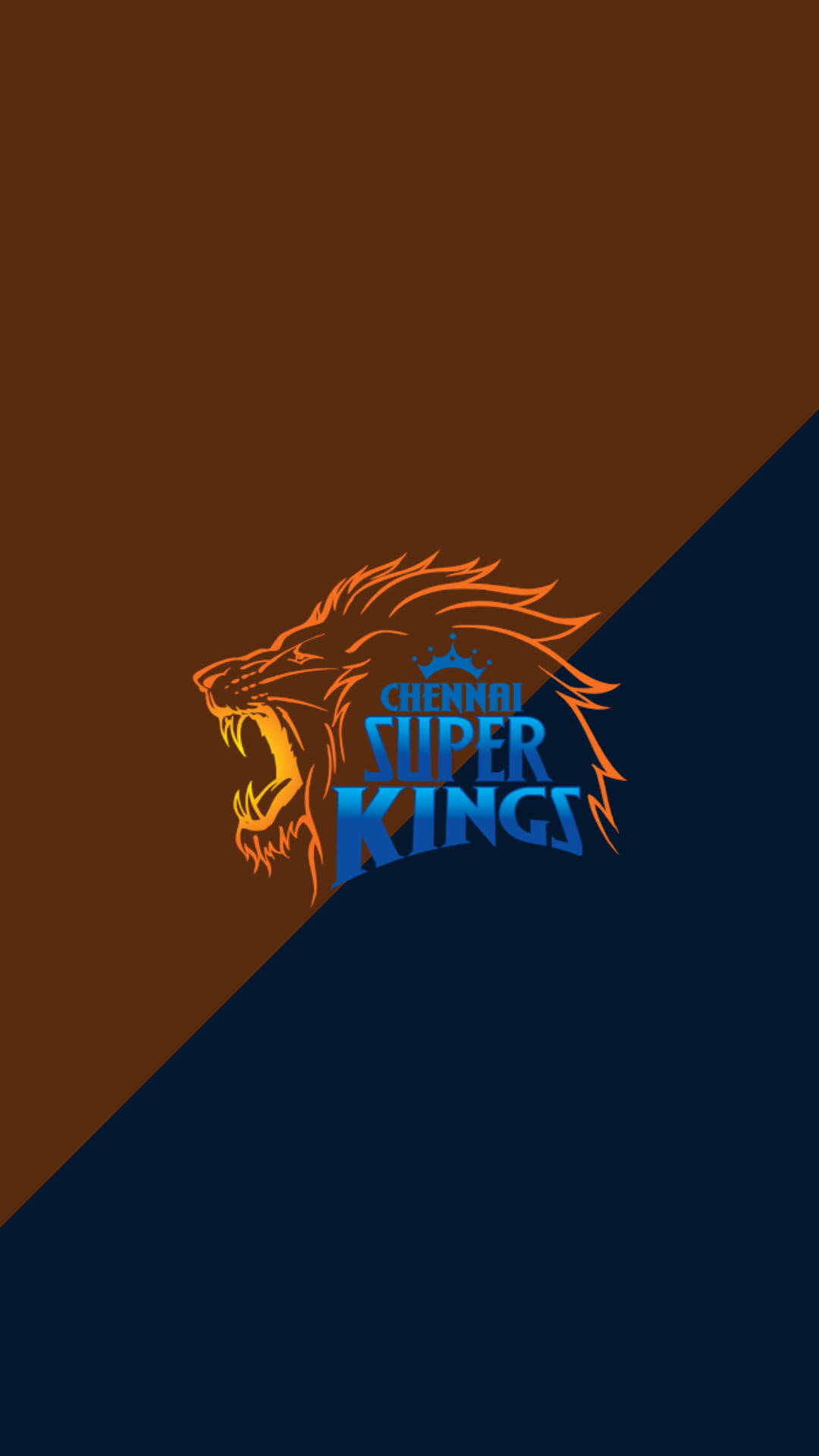 csk 2021 桌布 壁紙 — 一個咆哮的獅子標誌，帶有'Chennai Super Kings'文字，背景為對角線棕色和海軍藍色。