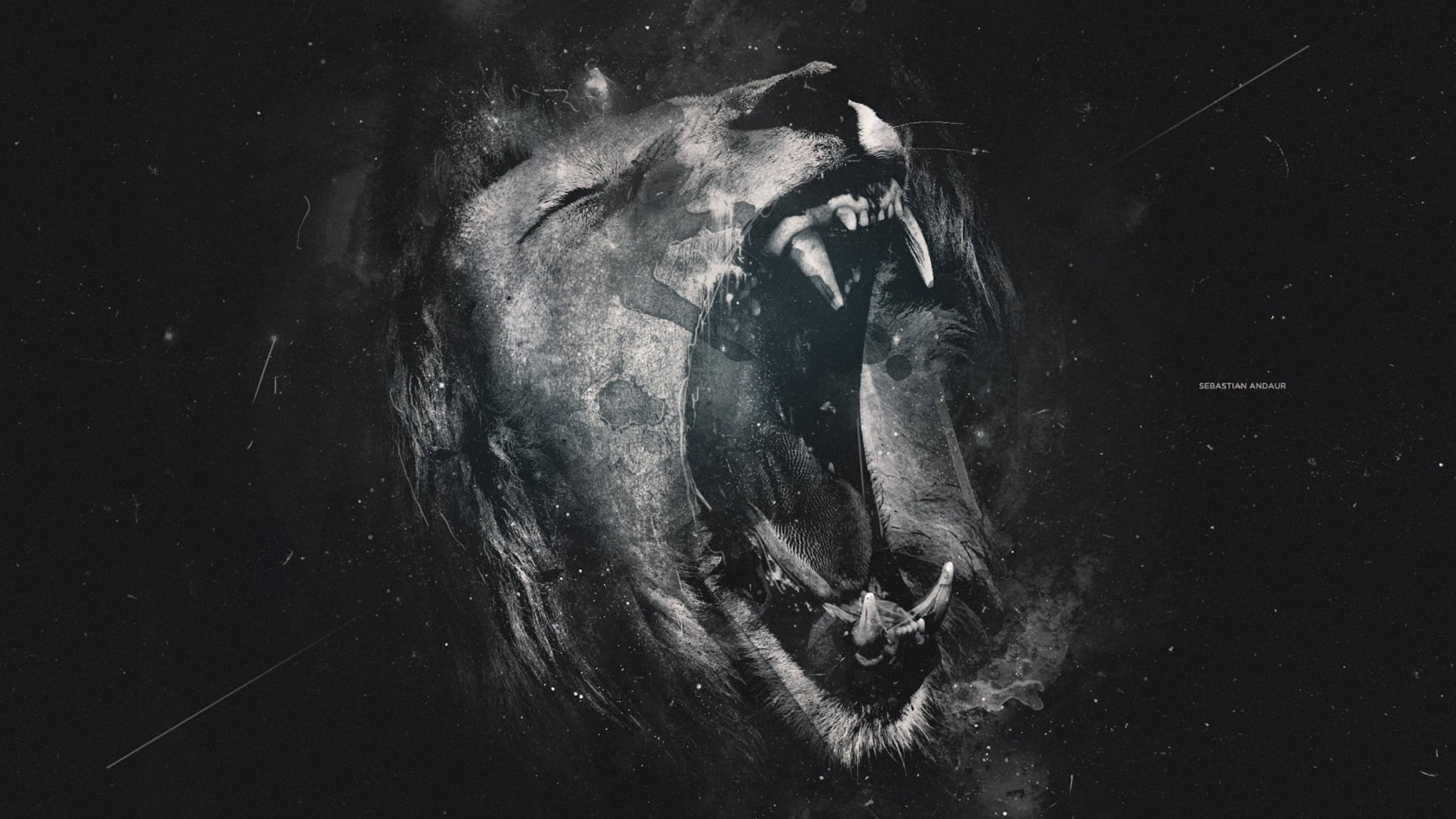 Lion Head 桌布 壁紙 — 一個咆哮的獅子頭，以單色呈現，宇宙粒子在其張開的嘴巴周圍旋轉，背景是星空虛無。