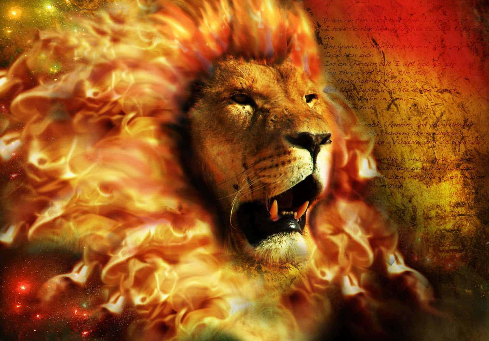 Lion Of Judah 桌布 壁紙 — 一個咆哮的獅子頭被鮮豔的火焰包圍，背景是帶有紋理的火焰效果和手寫文字。