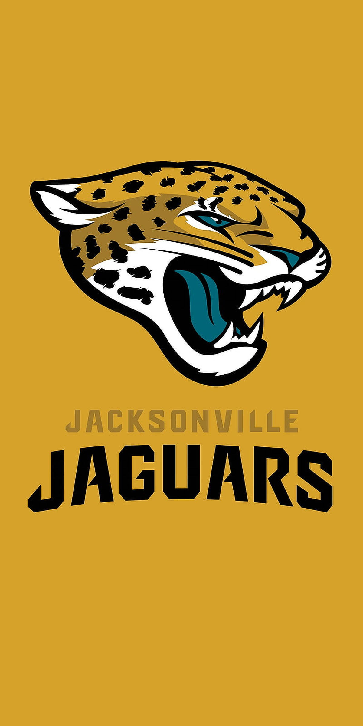 Jaguars 桌布 壁紙 — 一個咆哮的美洲獅標誌，帶有鋒利的牙齒和藍色的眼睛，置於純金色背景上，下方有粗體球隊文字。