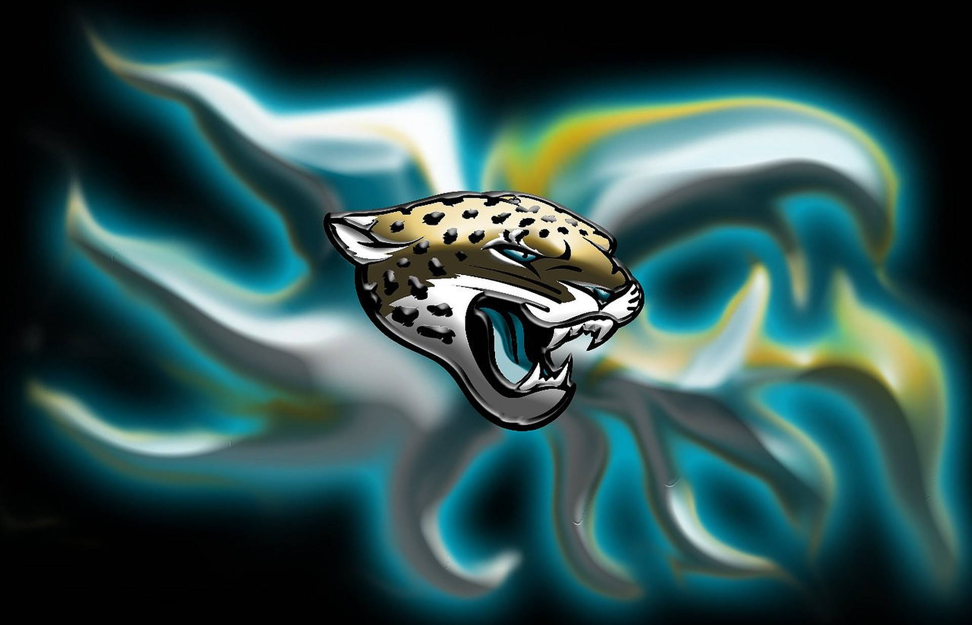 Jaguars 桌布 壁紙 — 一個咆哮的美洲豹標誌，帶有發光的藍色和黃色能量漩渦，背景為黑色。