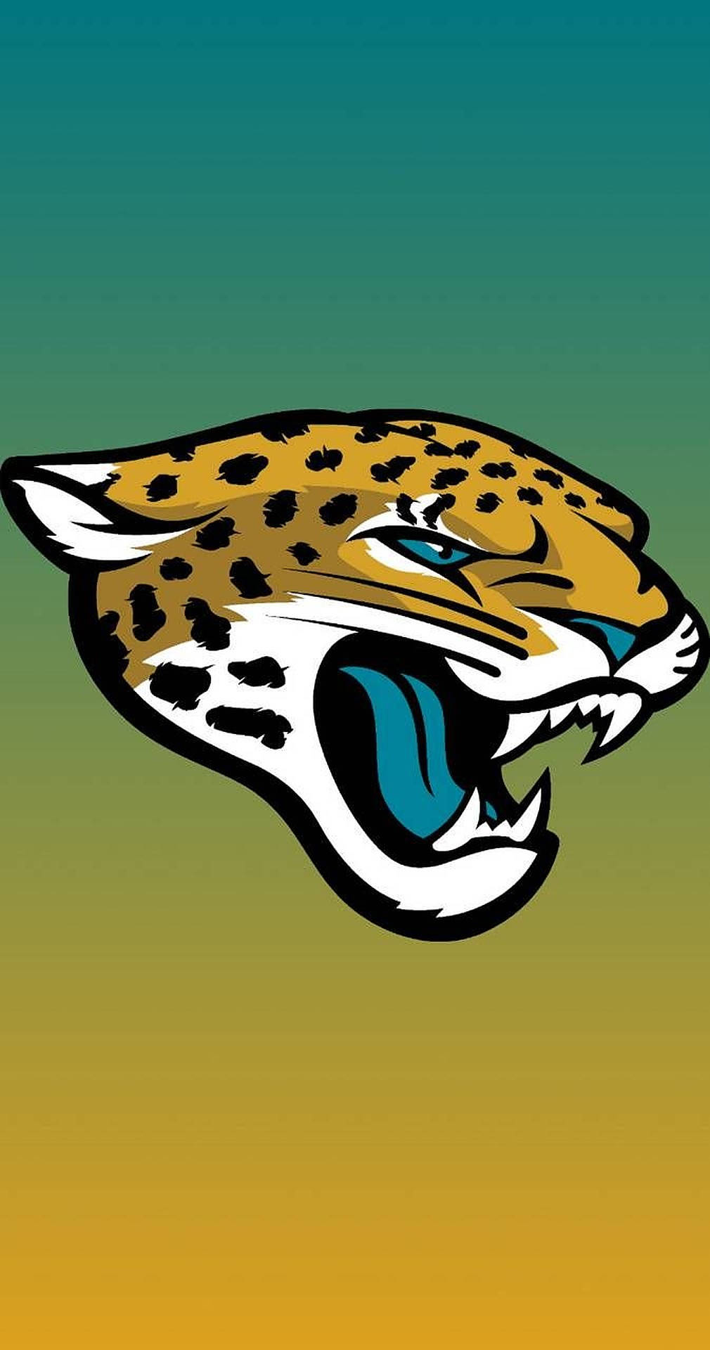Jaguars 桌布 壁紙 — 一個咆哮的美洲豹標誌，帶有黑色斑點和藍色眼睛，置於從青綠色到金色的漸變背景上。