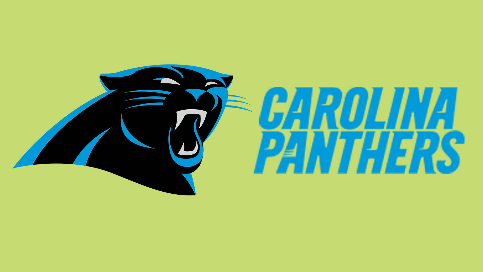 Panthers 桌布 壁紙 — 一個咆哮的黑豹標誌，帶有藍色點綴和粗體藍色文字 Carolina Panthers，位於純石灰綠色背景上。