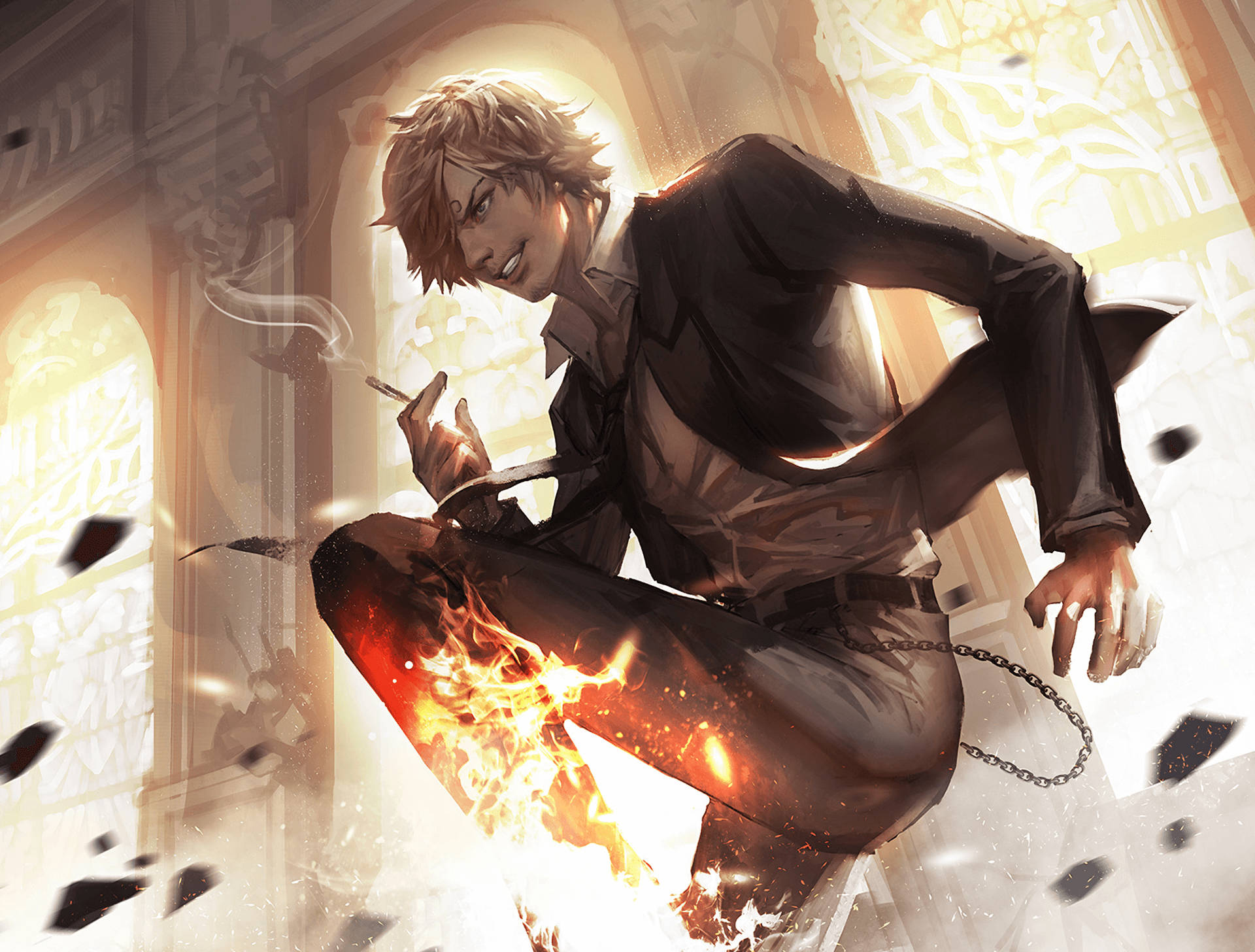 Sanji 桌布 壁紙 — 一個咧嘴笑的動漫男人，有火焰腿和煙從香煙中飄出，在華麗的大教堂般的環境中。