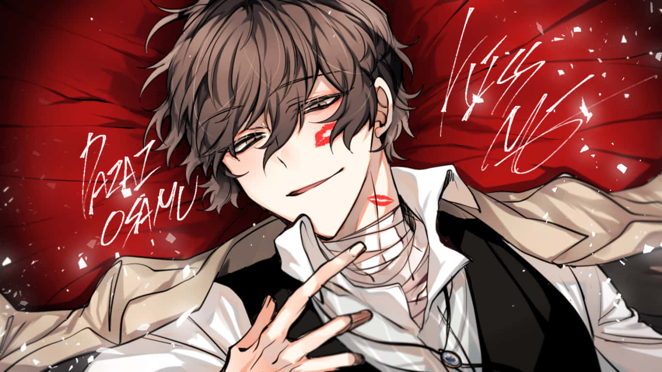 動漫 桌布 壁紙 — 一個咧嘴笑的動漫男孩，一頭凌亂的棕色頭髮和紅色唇印，靠在帶有手寫文字的紅色背景上。