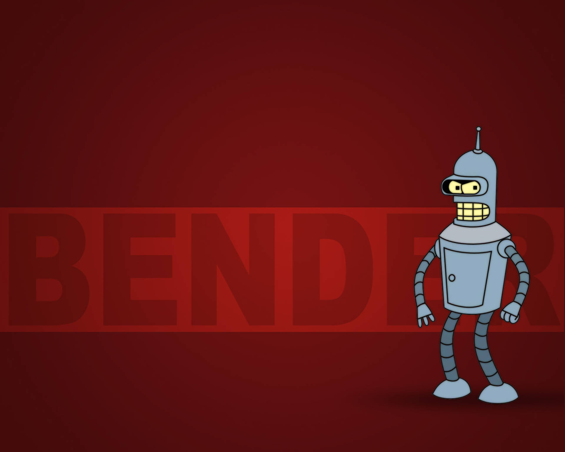 Bender 桌布 壁紙 — 一個咧嘴笑的卡通機器人站在深紅色背景上，背景隱約可見BENDER字樣。
