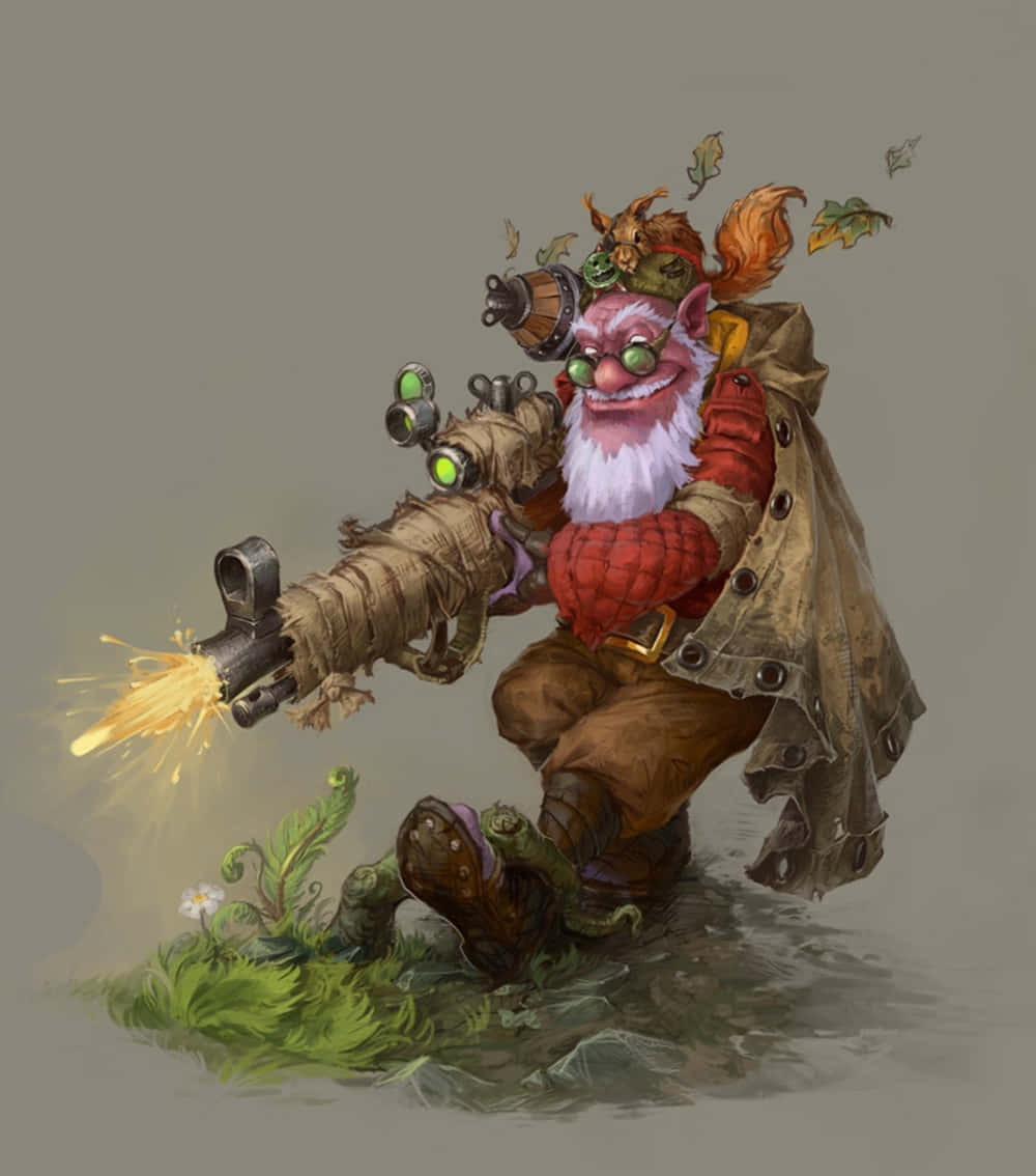 Dota 2 Sniper 桌布 壁紙 — 一個咧嘴笑的哥布林戴著綠色護目鏡，棲息在一片草地上，發射著火花四濺的武器。