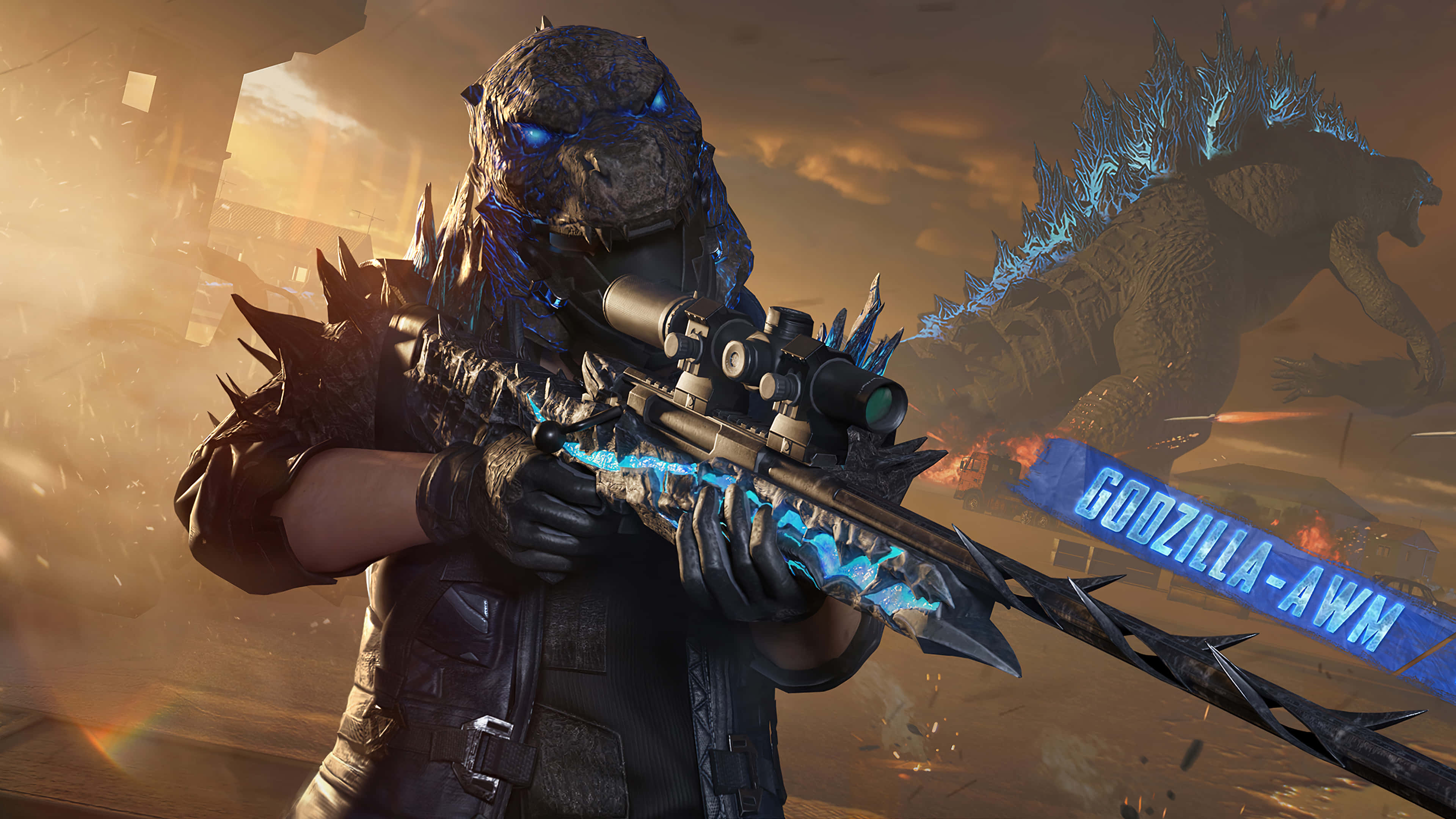 Fps 桌布 壁紙 — 一個哥吉拉主題的士兵，擁有發光的藍色眼睛和尖刺，在煙霧瀰漫的戰場上瞄準一把未來風格的步槍，背景有另一隻哥吉拉。