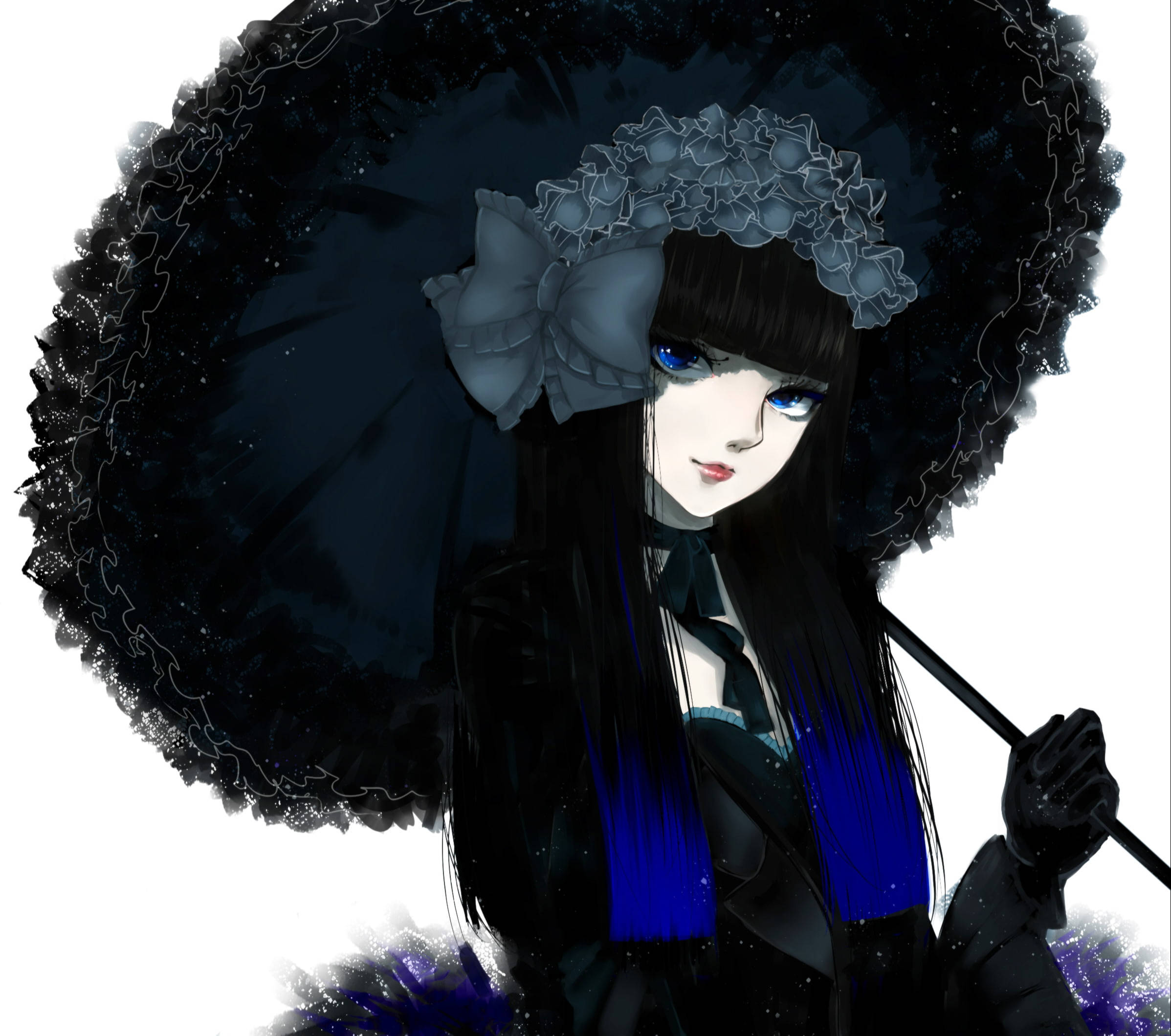 Goth 桌布 壁紙 — 一個哥德式動漫女孩，藍眼睛黑頭髮，在純白背景下拿著一把大的華麗黑色陽傘。