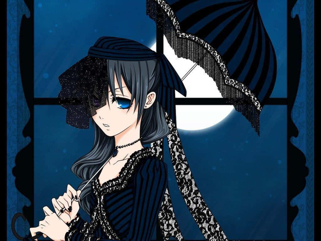 Ciel Phantomhive 桌布 壁紙 — 一個哥德式動漫女孩，藍色眼睛，拿著黑色蕾絲傘，穿著深藍色連衣裙，站在月光照耀的窗邊。