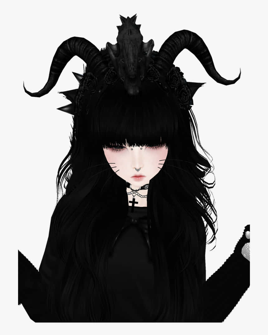 Grunge Cartoon 桌布 壁紙 — 一個哥德式動漫女孩，長著黑色角和貓耳，穿著深色服裝，背景是純白色。
