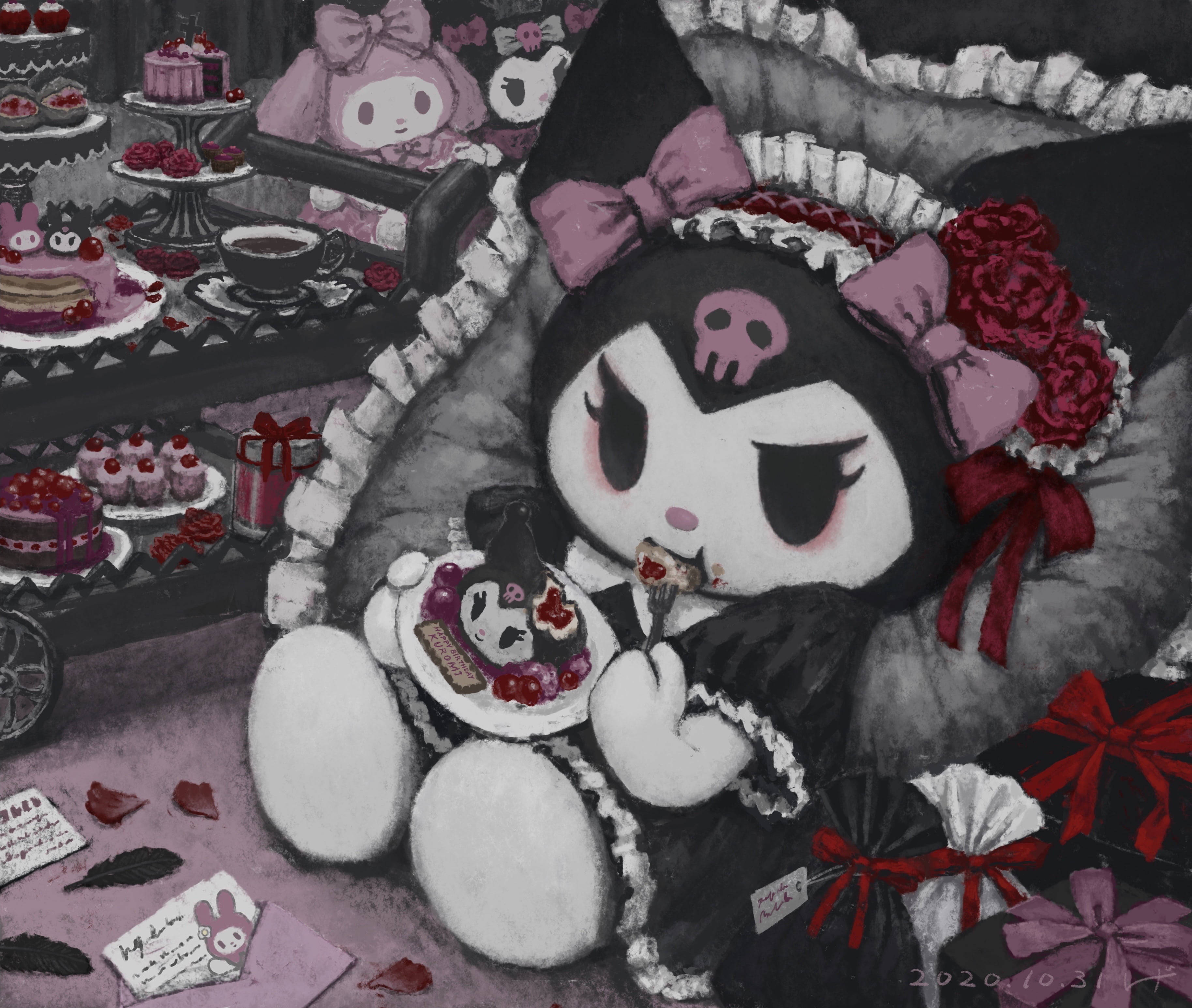 sanrio 桌布 壁紙 — 一個哥德式動漫角色穿著黑色和粉紅色，在黑暗奇幻的環境中吃蛋糕，周圍環繞著甜點和玫瑰。