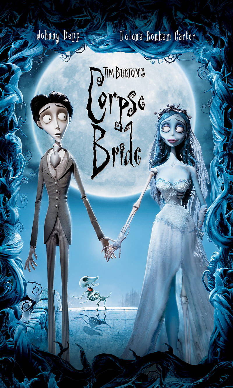 tim burton movies 桌布 壁紙 — 一個哥德式動畫情侶在滿月下手牽手，滿月被扭曲的藍色藤蔓環繞，營造出詭異浪漫的場景。