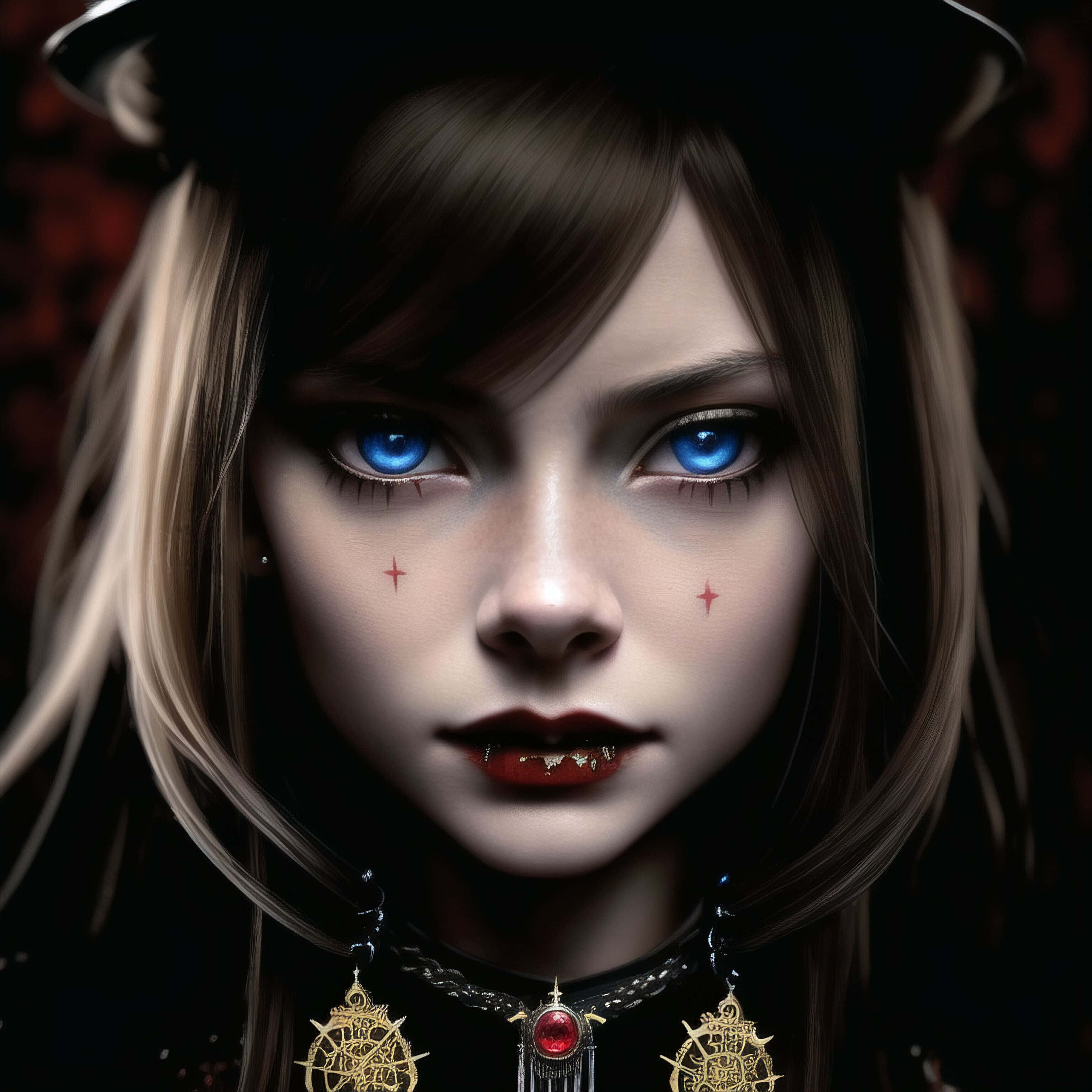 Dark Vampire 桌布 壁紙 — 一個哥德式女孩的特寫肖像，擁有銳利的藍色眼睛、紅色星星刺青和華麗的珠寶，背景為深色。