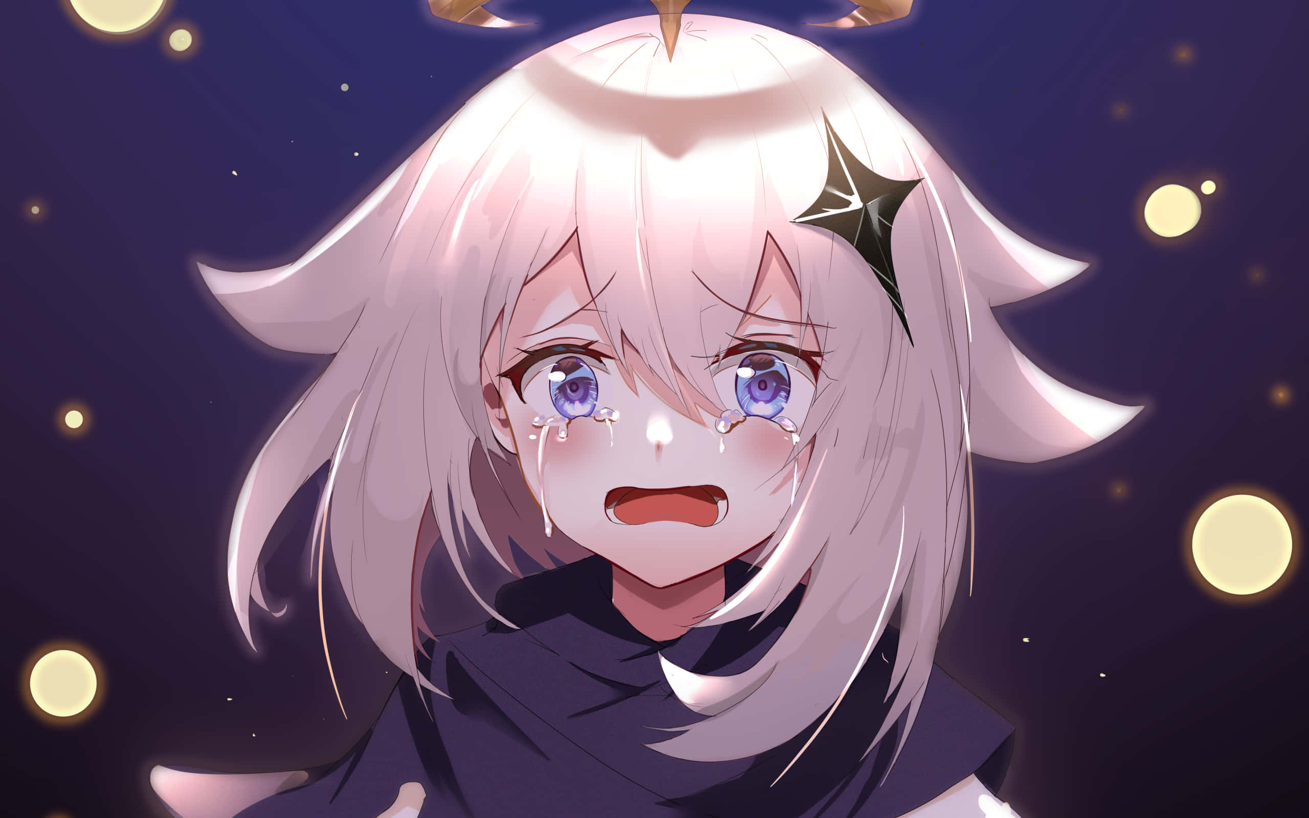 cry 桌布 壁紙 — 一個哭泣的動漫女孩，白髮藍眼，在繁星點點的夜空下流淚，周圍有發光的球體。