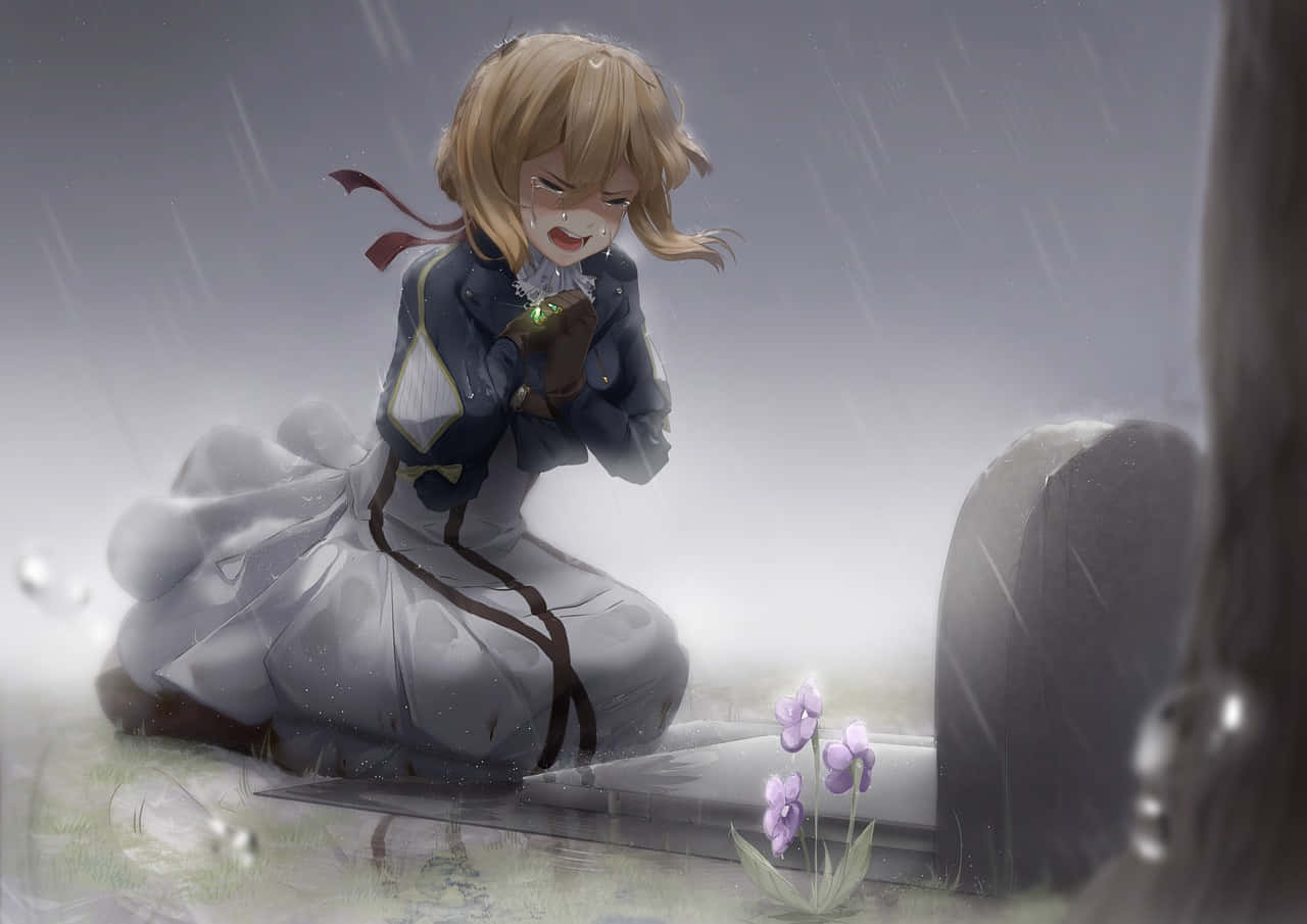 動漫 桌布 壁紙 — 一個哭泣的動漫女孩在雨中的墓地跪在墓碑旁，手持一個發光的愛心形狀物體。