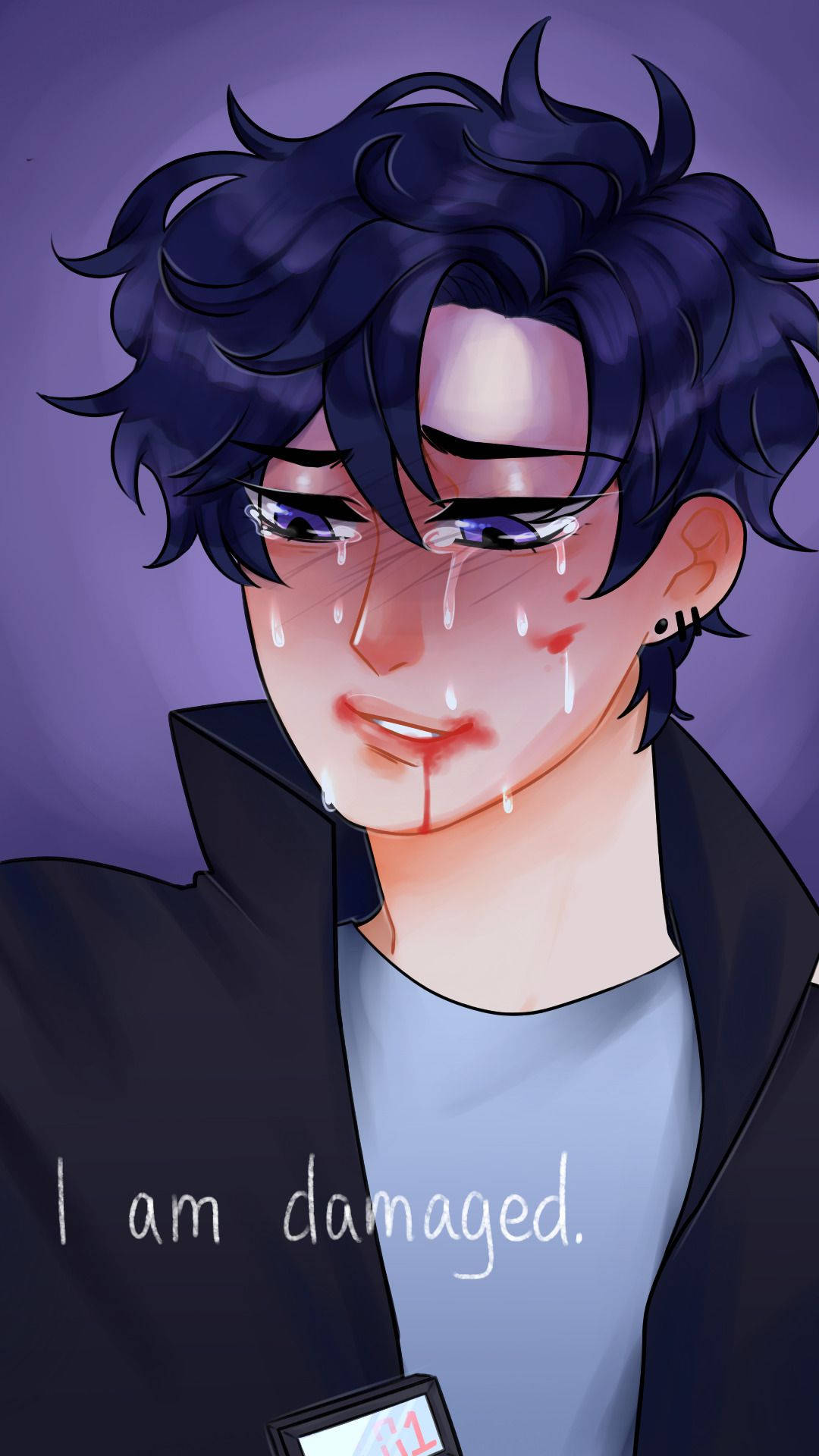 Heathers 桌布 壁紙 — 一個哭泣的動漫男孩，黑髮紫眼，穿著黑色外套，在紫色背景前流淚。