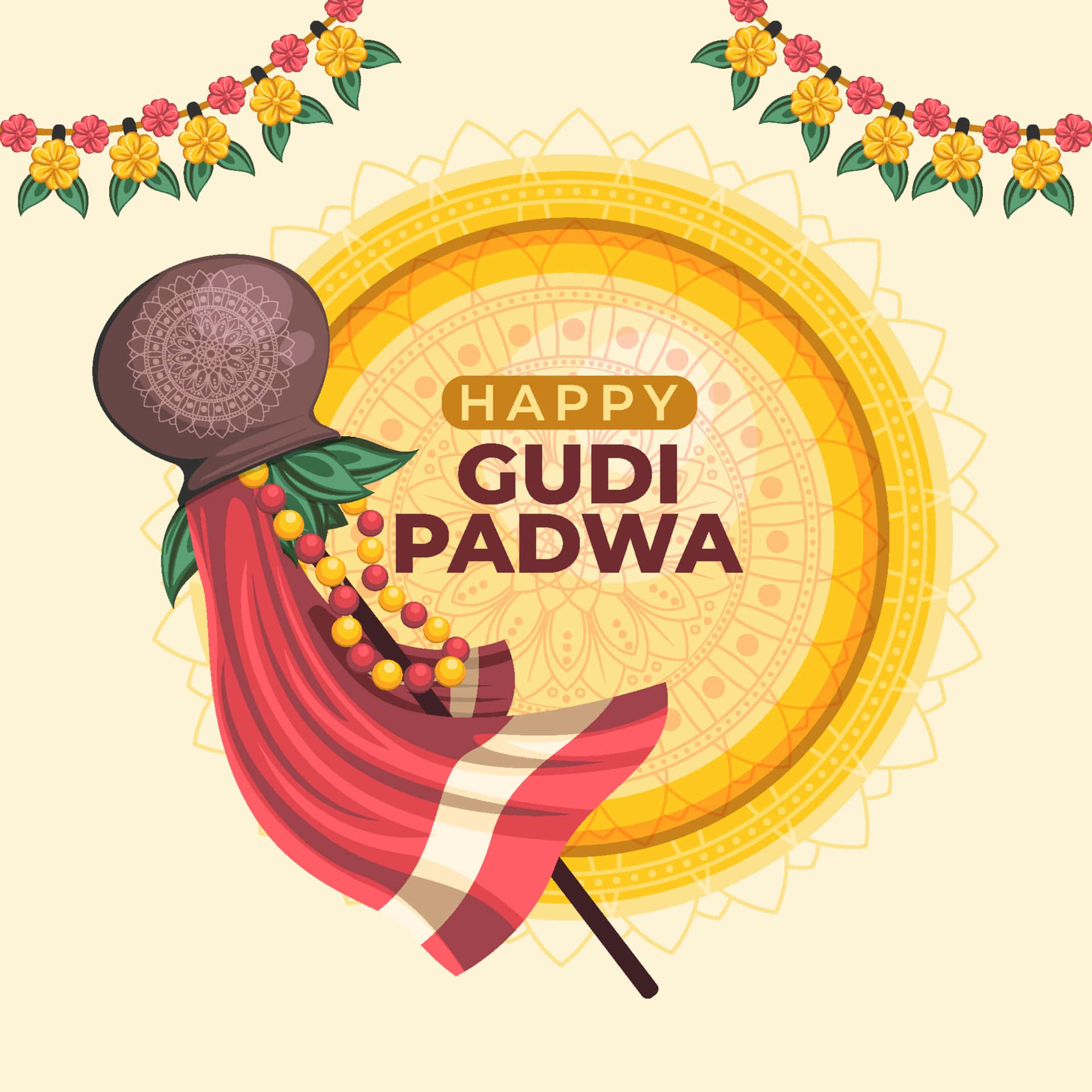Gudi Padwa 桌布 壁紙 — 一個喜慶的Gudi Padwa問候，以裝飾有珠子和紅旗的gudi為特色，背景是金色曼陀羅圖案。