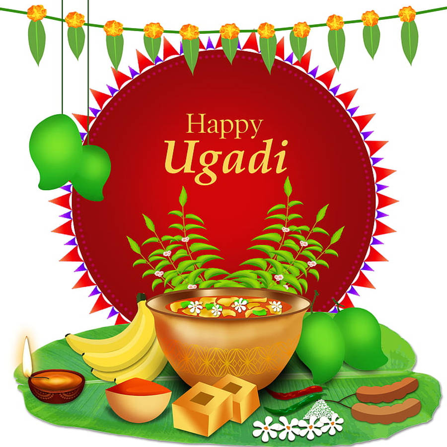 Gudi Padwa 桌布 壁紙 — 一個喜慶的Ugadi祝福，金色碗中的Pongal、芒果、香蕉和傳統物品放在香蕉葉上，背景為紅色圓形。