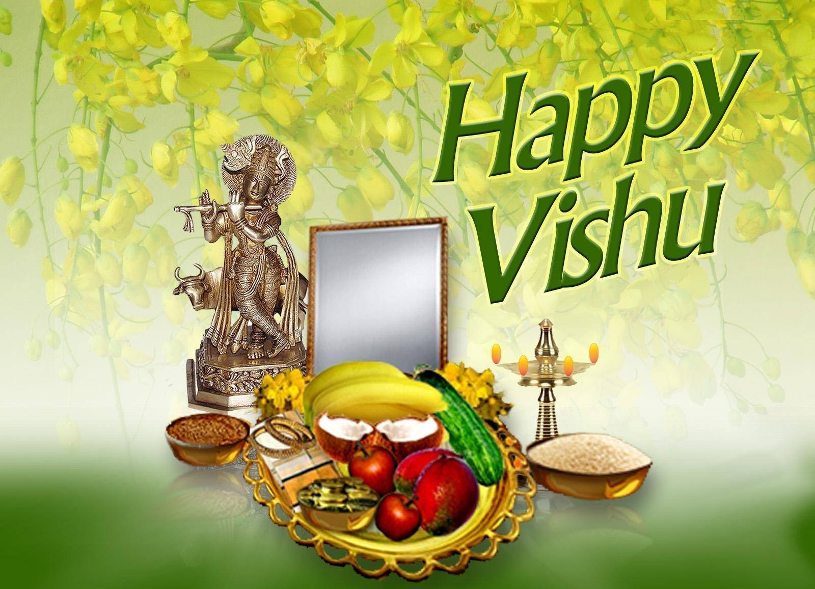 Vishu 桌布 壁紙 — 一個喜慶的Vishu問候，金色托盤上盛載水果、米飯和神像，背景是黃色花朵。