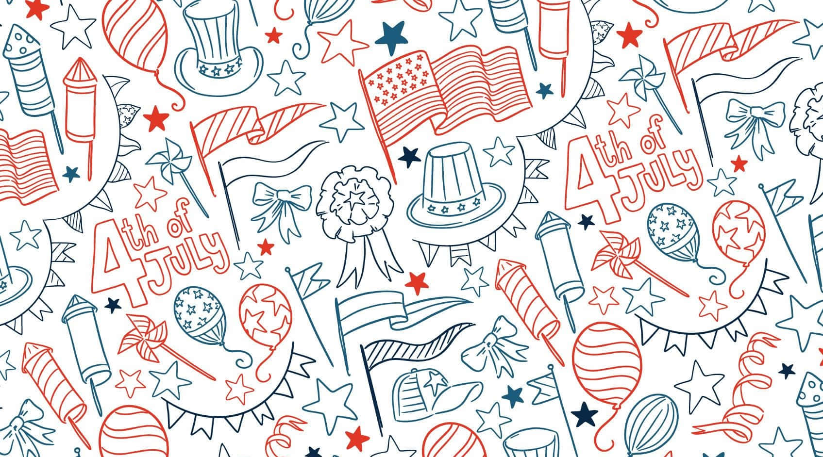 Cute 4th Of July 桌布 壁紙 — 一個喜慶的紅、藍、白線條藝術圖案，以煙火、旗幟、星星和愛國帽子慶祝7月4日。