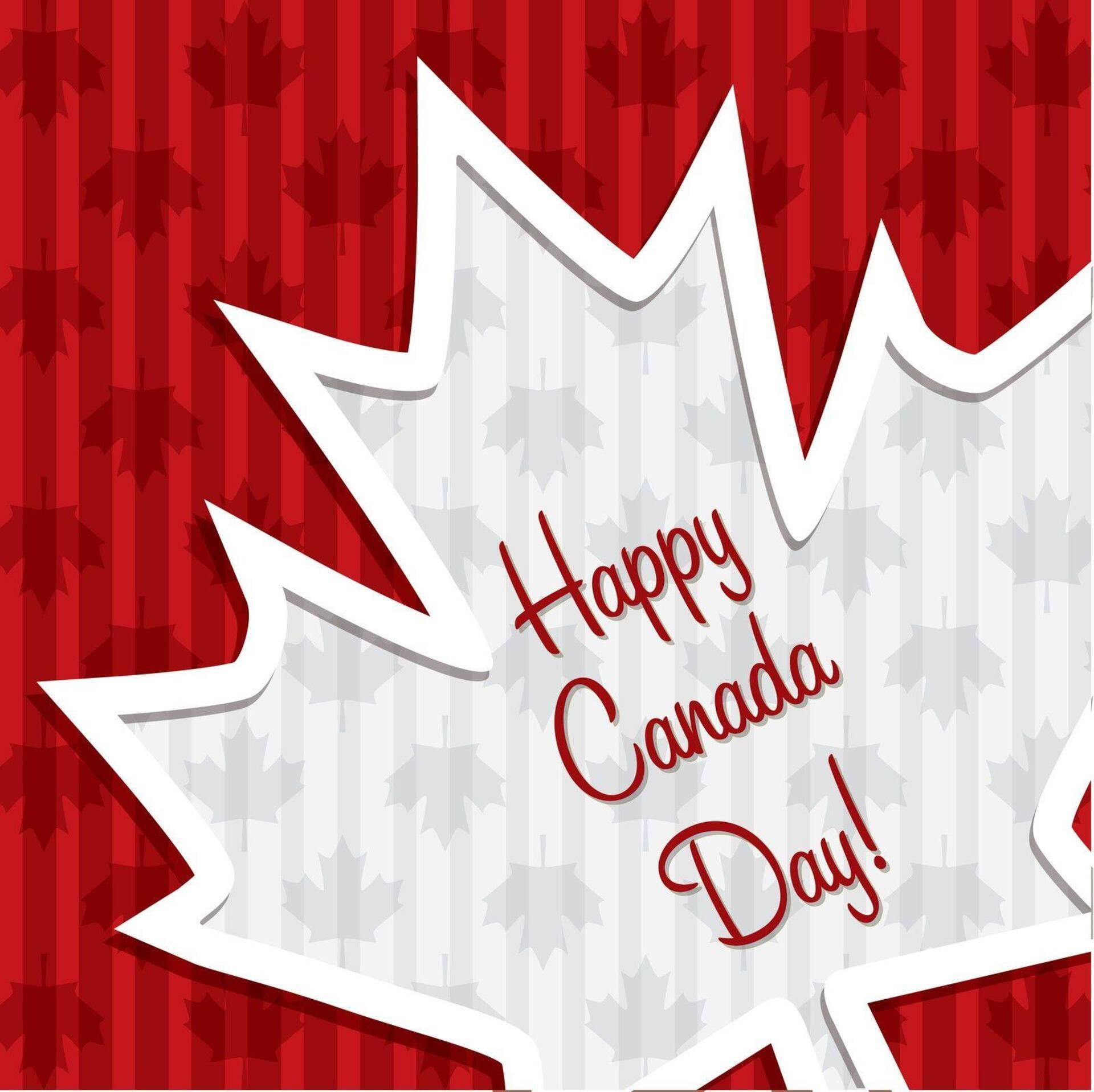 Canada Day 桌布 壁紙 — 一個喜慶的紅白楓葉圖案，上面有「Happy Canada Day!」文字，慶祝國家自豪感。