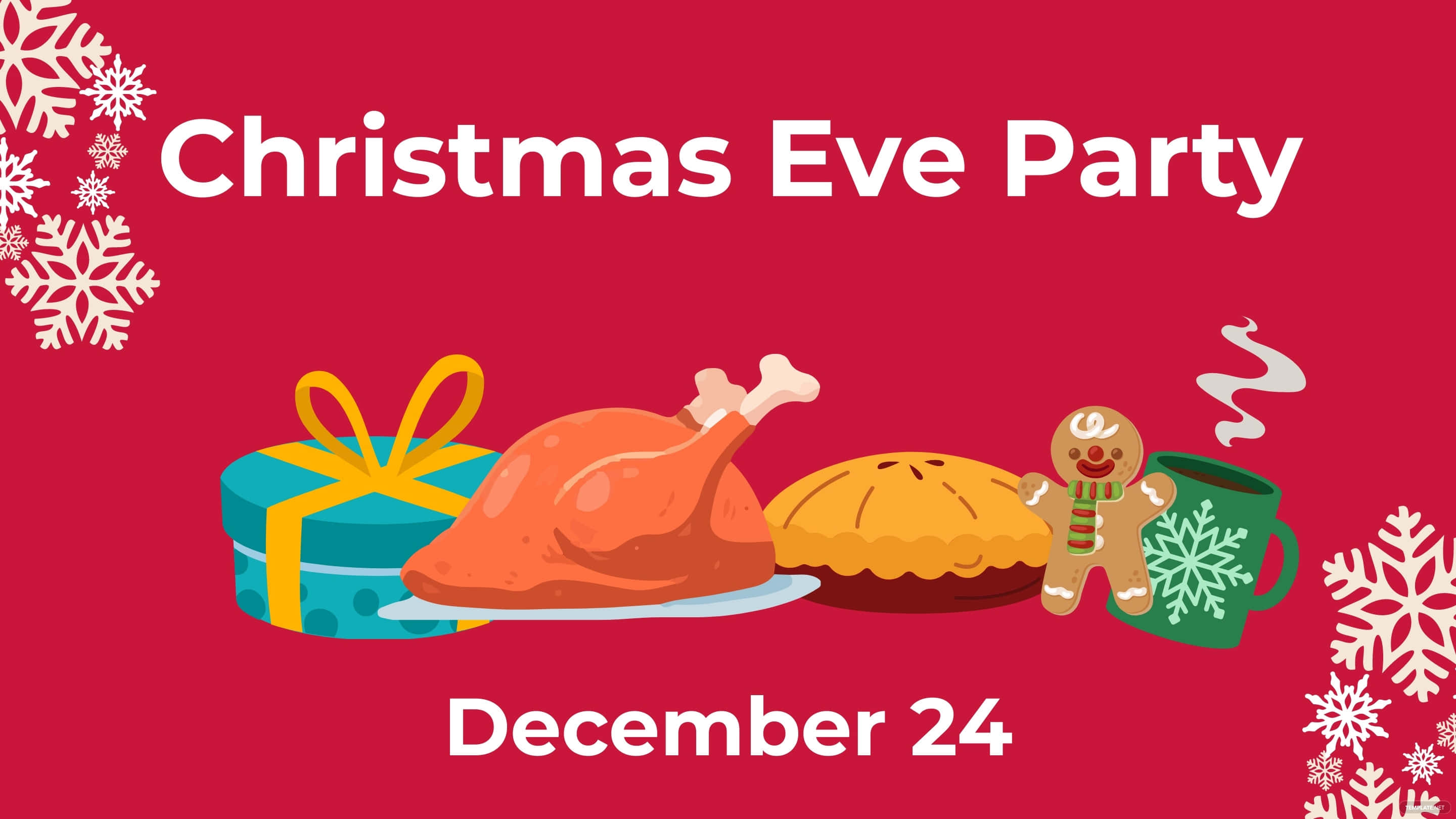 Christmas Eve 桌布 壁紙 — 一個喜慶的紅色背景，上面有節日圖標，如烤火雞派、薑餅人和禮物盒，適合聖誕夜派對。