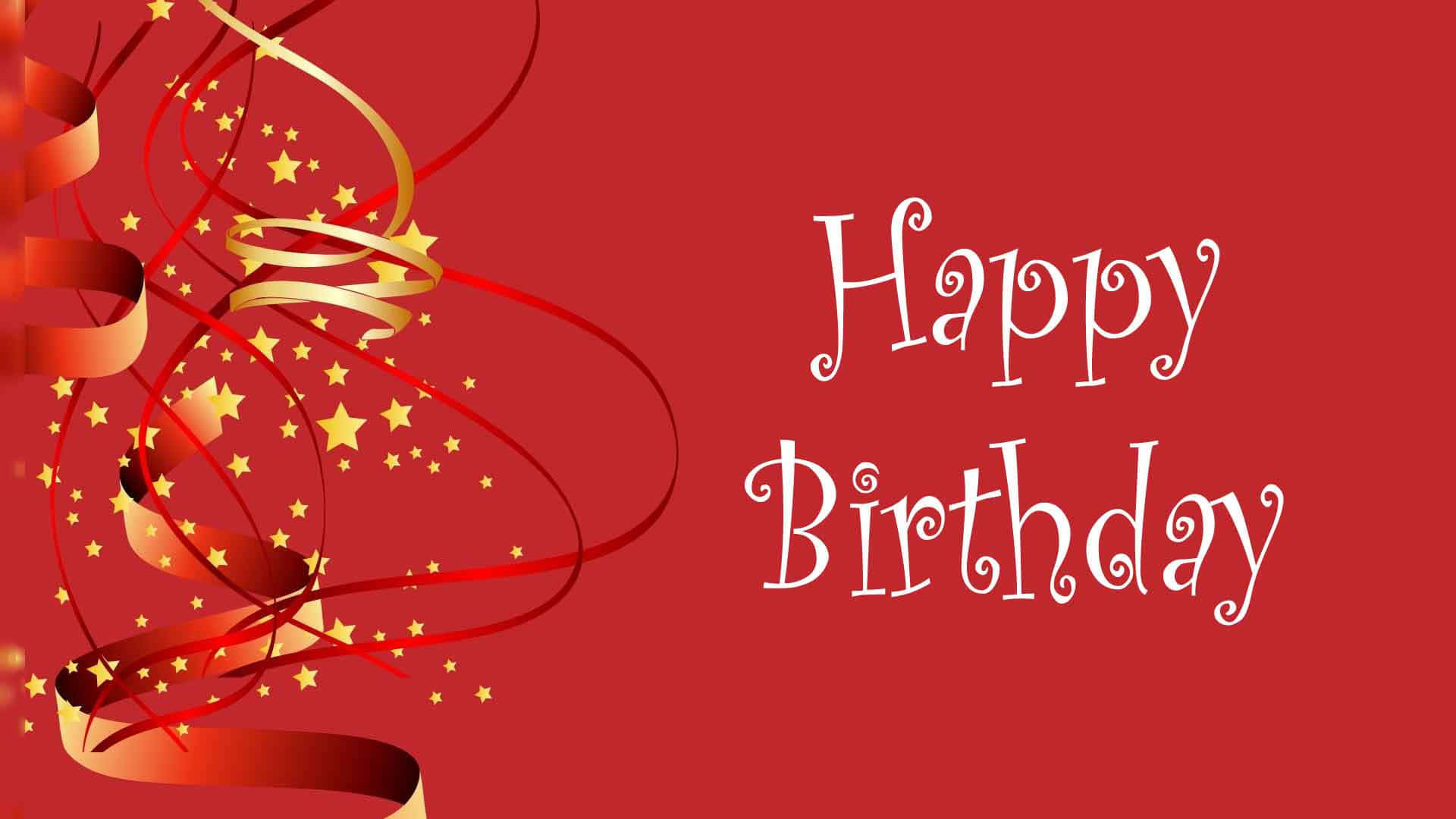 在紅色背景上帶有金色和紅色絲帶及星星的Happy Birthday祝福。 — 生日快樂 GIF 壁紙