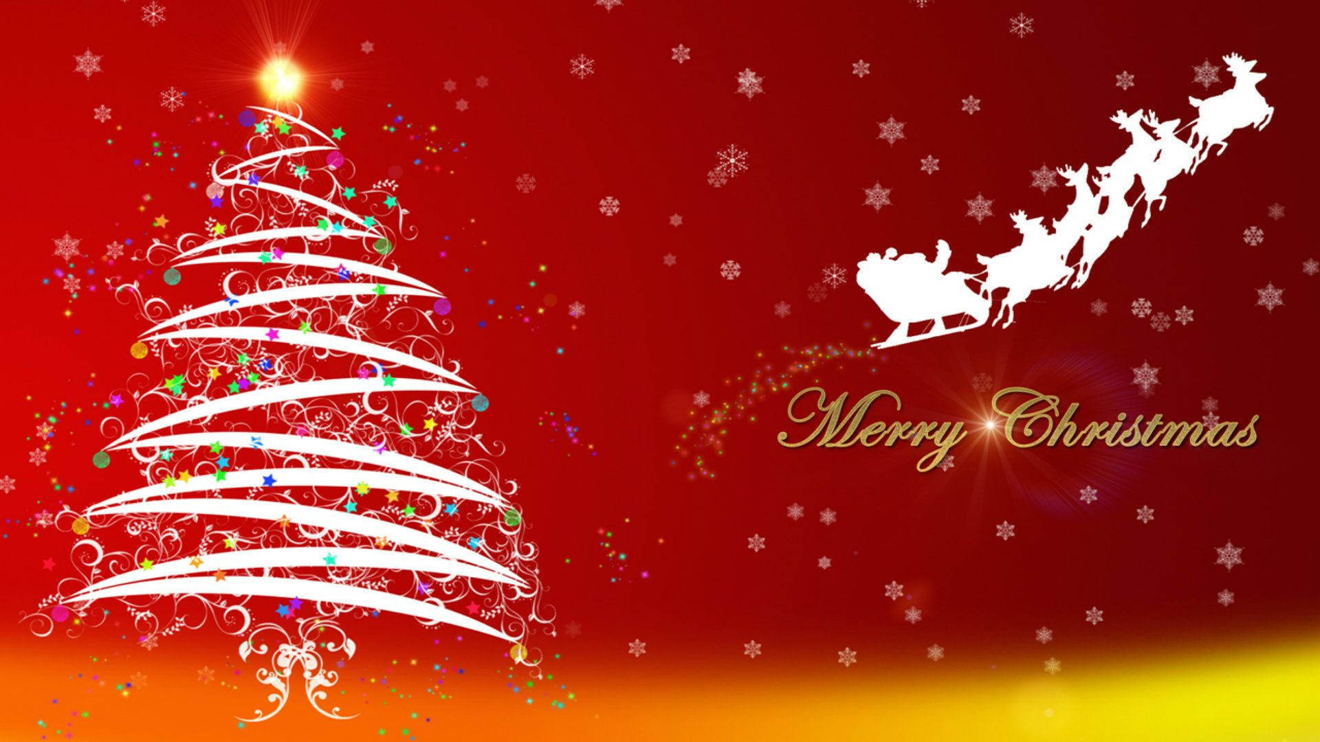 Santa Claus 桌布 壁紙 — 一個喜慶的紅色背景上有一個風格化的白色聖誕樹，裝飾著色彩繽紛的飾物和一顆閃亮的星星，旁邊還有雪橇和馴鹿的剪影，以及「Merry Christmas」字樣。